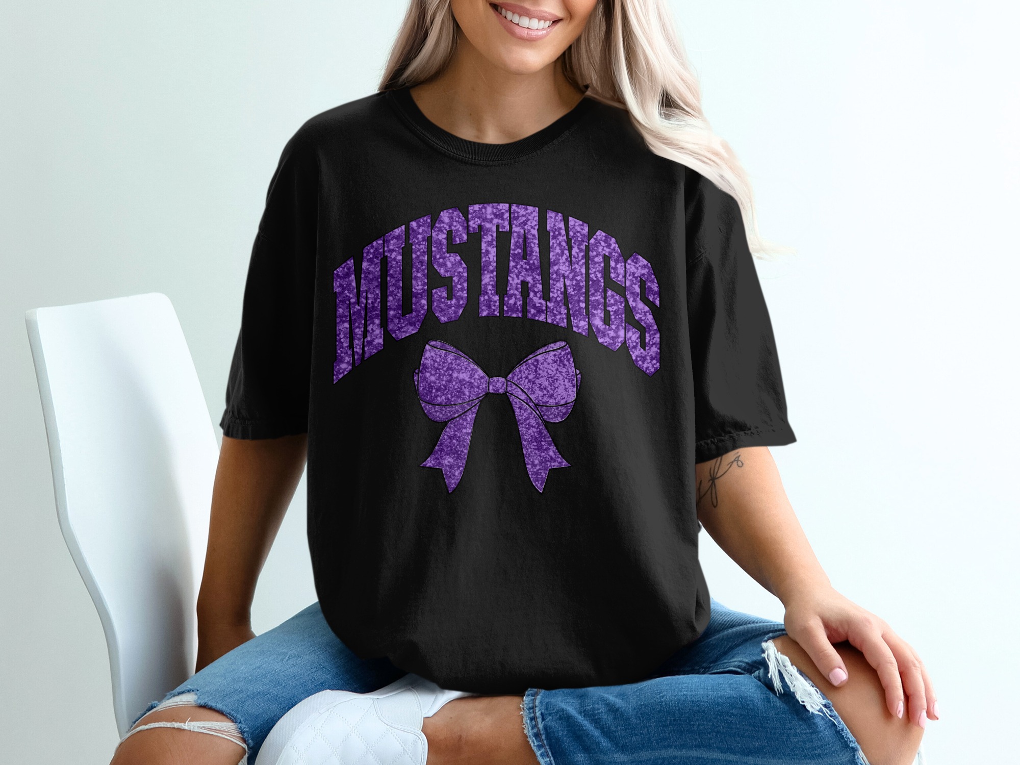Mustangs T-Shirt, Purple Bow, School Spirit Tee, Game Day Shirt, Trendy Tee, Casual Style T-Shirt - Image 2
