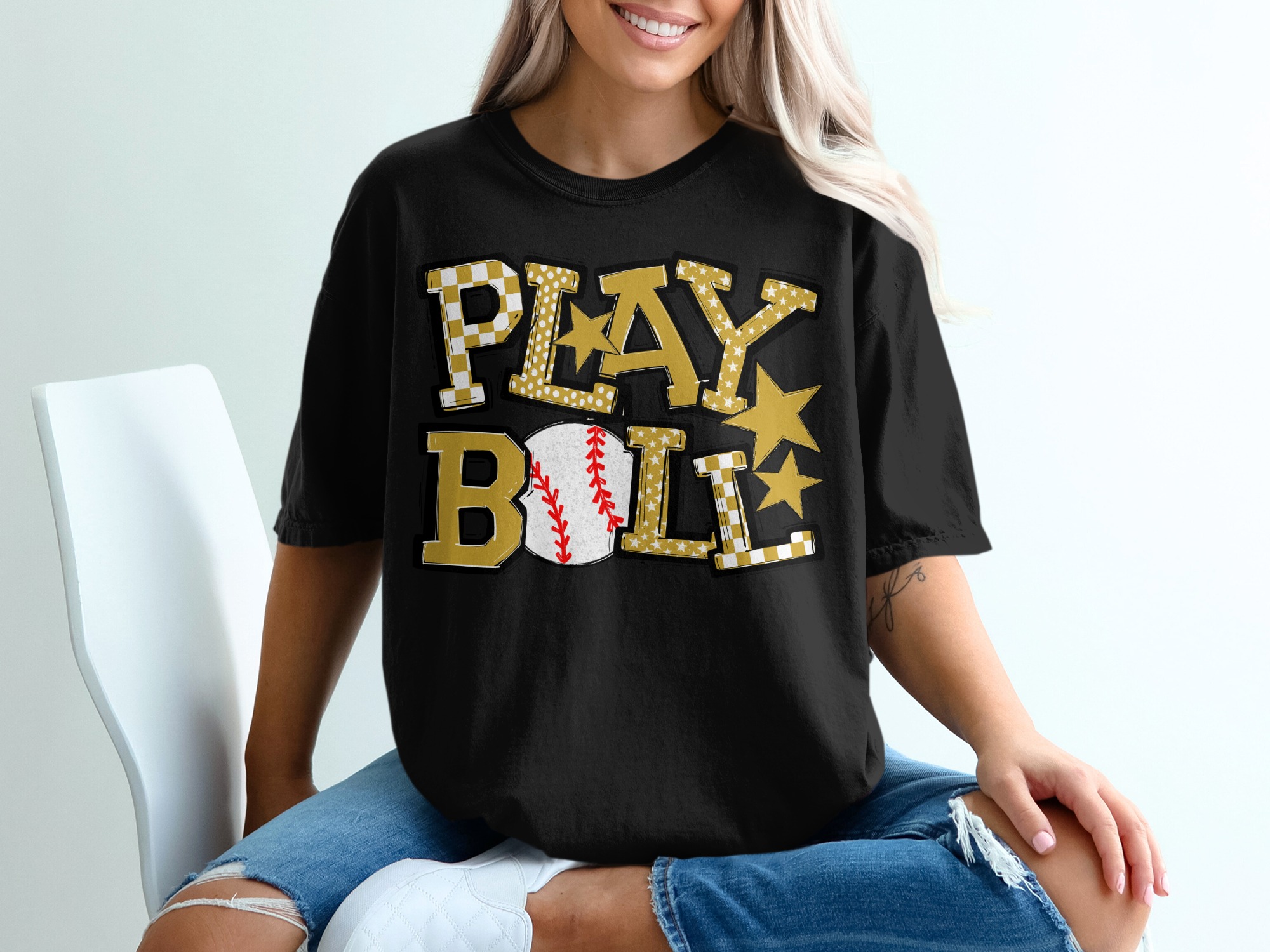 Play Ball T-Shirt, Baseball Tee, Sports Fan Gift, Gold Stars Shirt, Graphic Tee, Baseball Lover, Game Day Apparel, Vintage Baseball - Image 2
