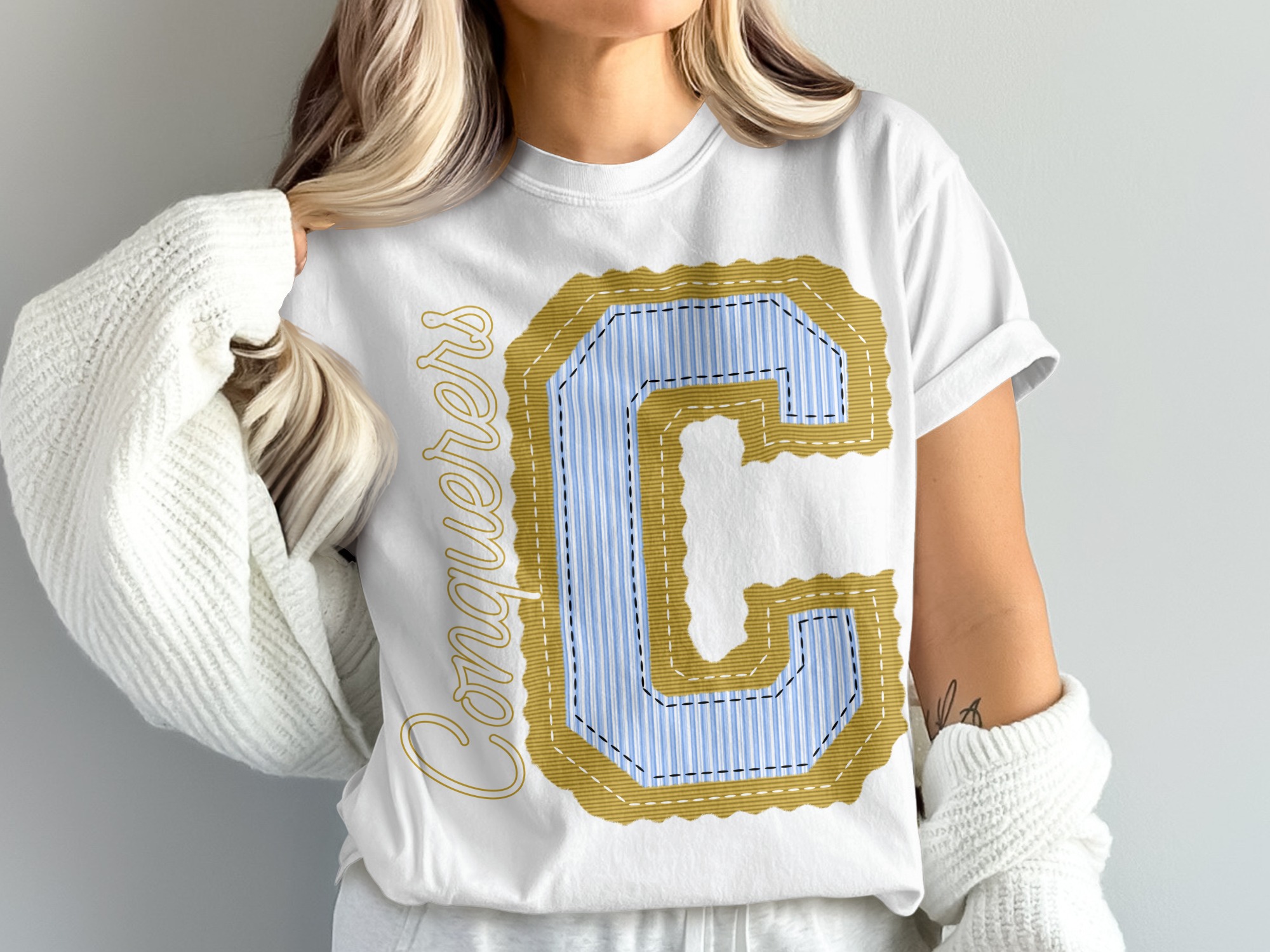 Conquerers Letter C T-Shirt, Striped Initials, Comfort Colors 1717 Tee, Personalized Collegiate Style, Trendy Varsity Shirt, prepster preppy