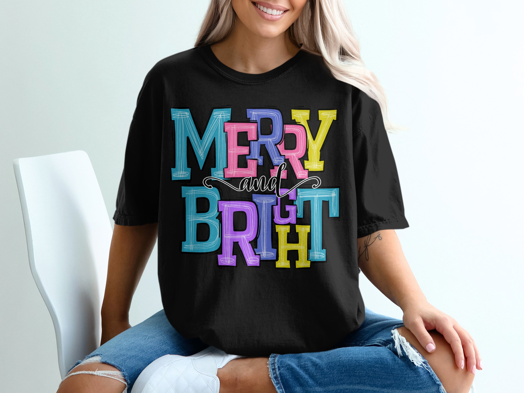 Merry and Bright Holiday Season Graphic Design T-Shirt - Image 2