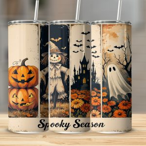 Spooky Season Digital, Sublimation 20oz Tumbler Wrap Digital Download, Halloween Tumbler Design, Pumpkin, Ghost, Scarecrow, Bats, Flowers