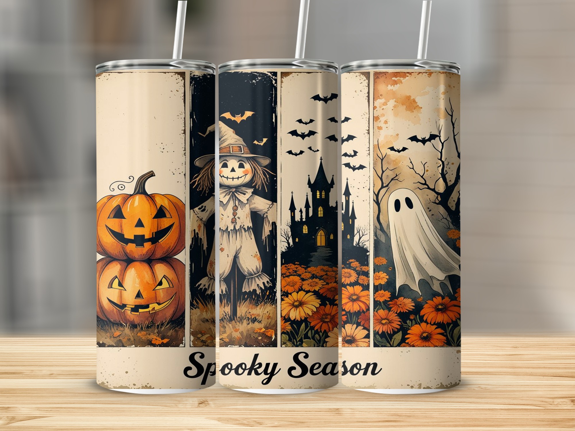 Spooky Season Digital, Sublimation 20oz Tumbler Wrap Digital Download, Halloween Tumbler Design, Pumpkin, Ghost, Scarecrow, Bats, Flowers