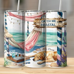 Coastal Golden Retriever Digital,Sublimation 20oz Tumbler Wrap Digital Download, Beach Dog Wrap, Catch Me Coastal, Summer Tumbler Design