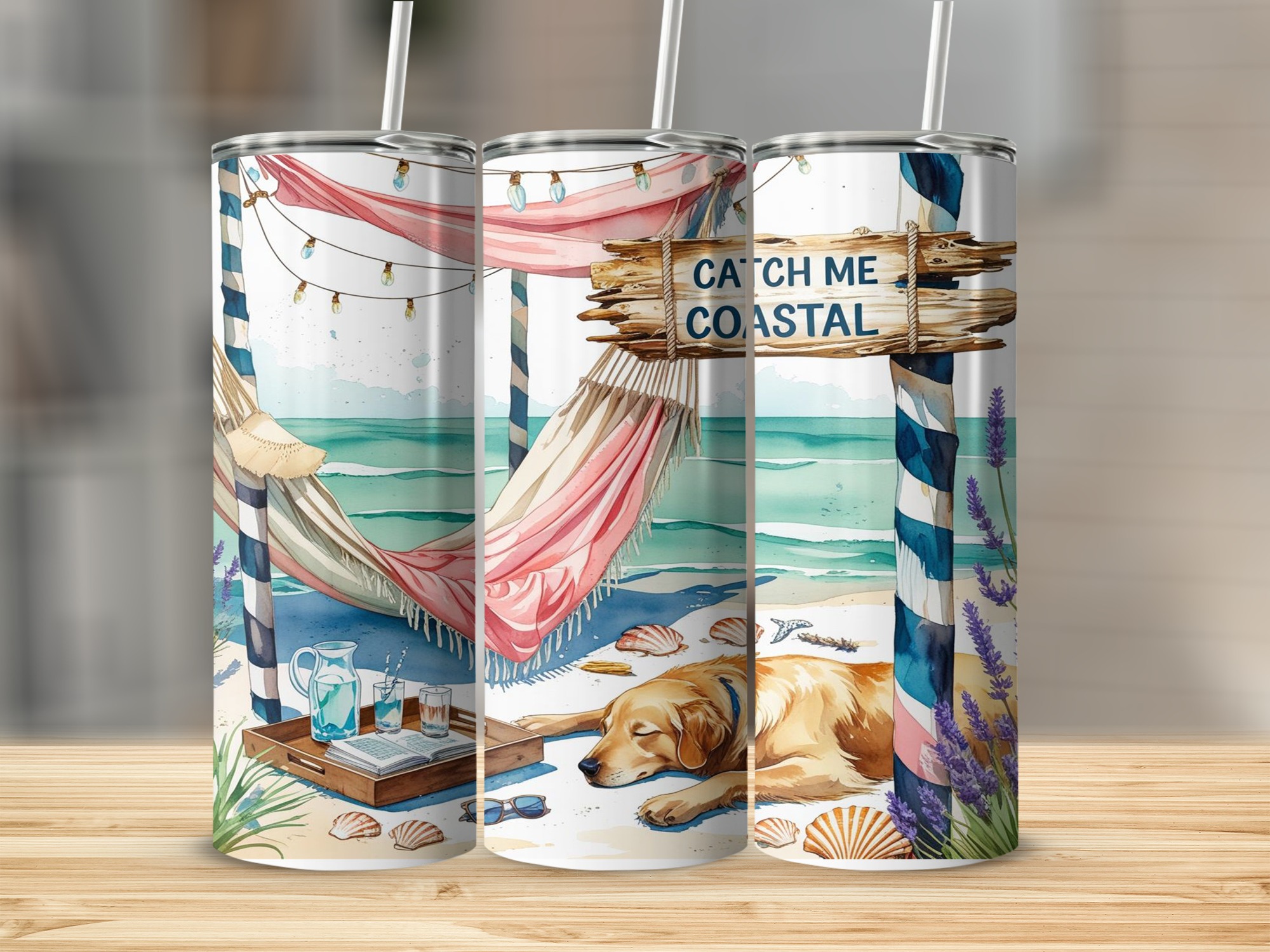 Coastal Golden Retriever Digital,Sublimation 20oz Tumbler Wrap Digital Download, Beach Dog Wrap, Catch Me Coastal, Summer Tumbler Design