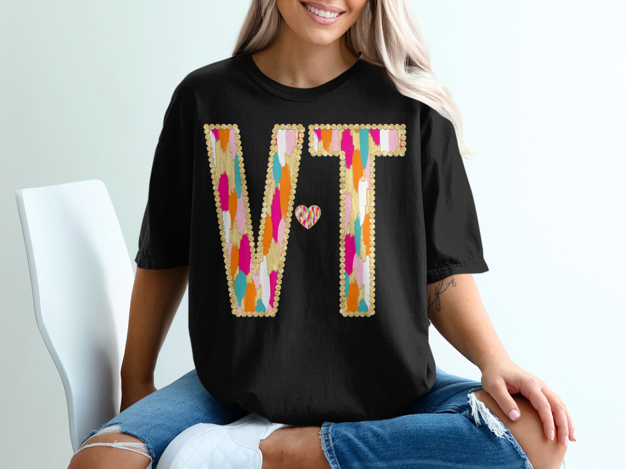 VT Letters T-Shirt, Colorful Letters, Initial T-Shirt, Comfort Colors 1717, Cute Heart, Trendy T-Shirt, Girly T-Shirt, Gift for Her, T-Shirt - Image 3