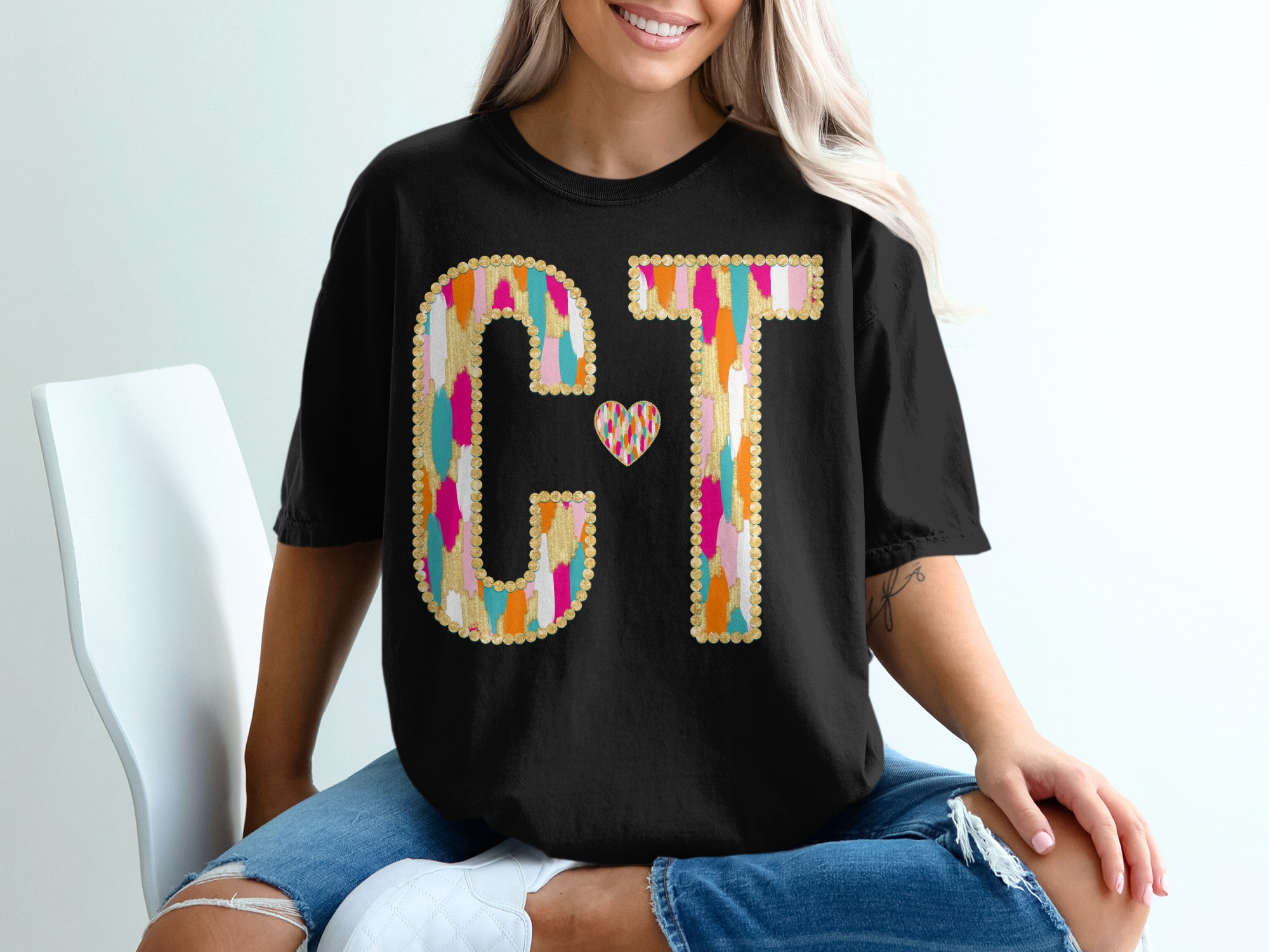 CT Initial T-Shirt, Colorful Letter Tee, Gold Accent Shirt, Heart, Comfort Colors 1717, Trendy T-Shirt, Gift For Her, Initial Shirt - Image 3