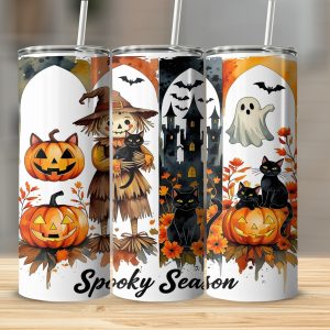 Spooky Season 20oz Tumbler Wrap Digital Download, Halloween Sublimation Design, Pumpkin Scarecrow Ghost Black Cat Tumbler Design