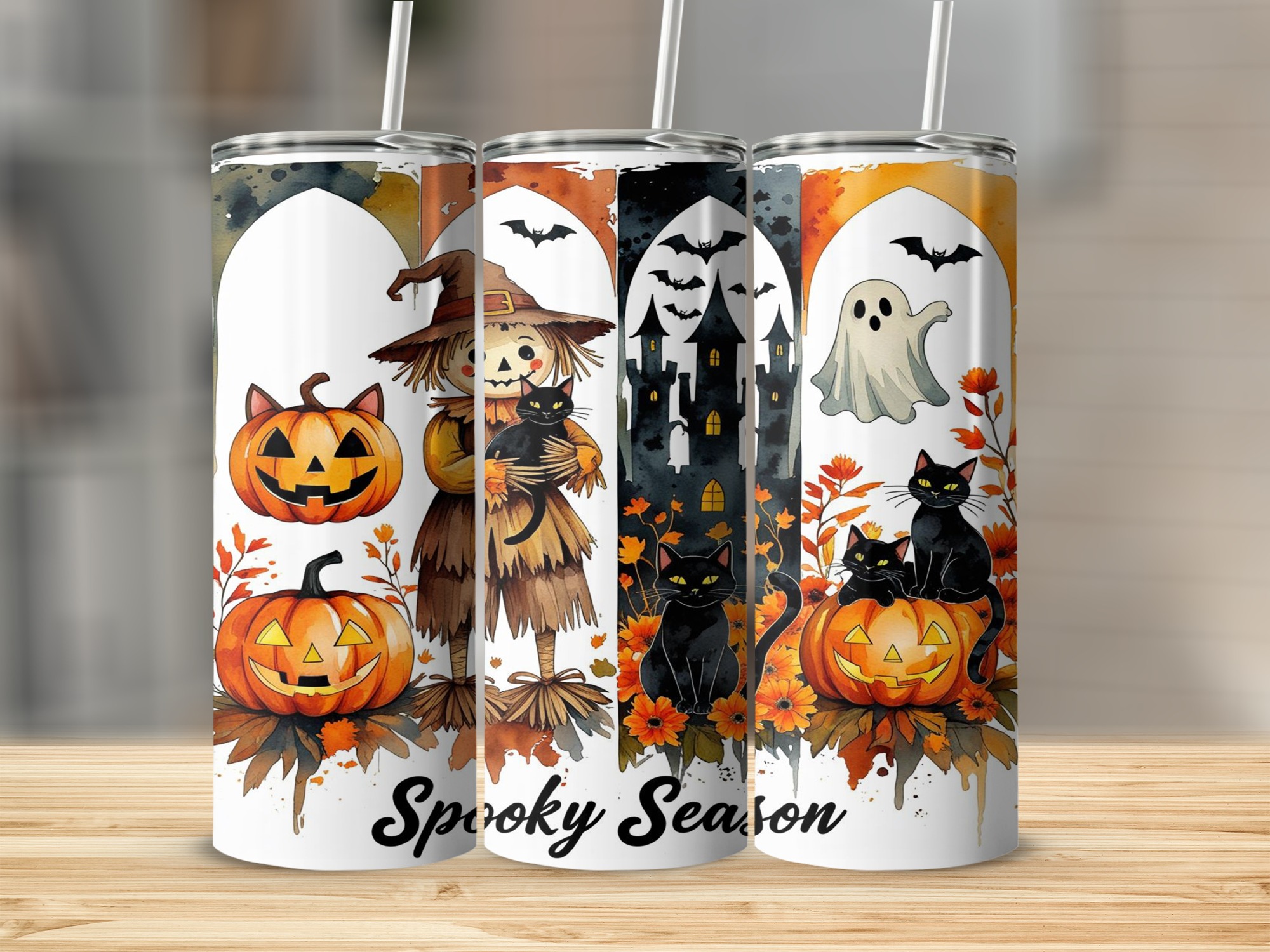 Spooky Season 20oz Tumbler Wrap Digital Download, Halloween Sublimation Design, Pumpkin Scarecrow Ghost Black Cat Tumbler Design
