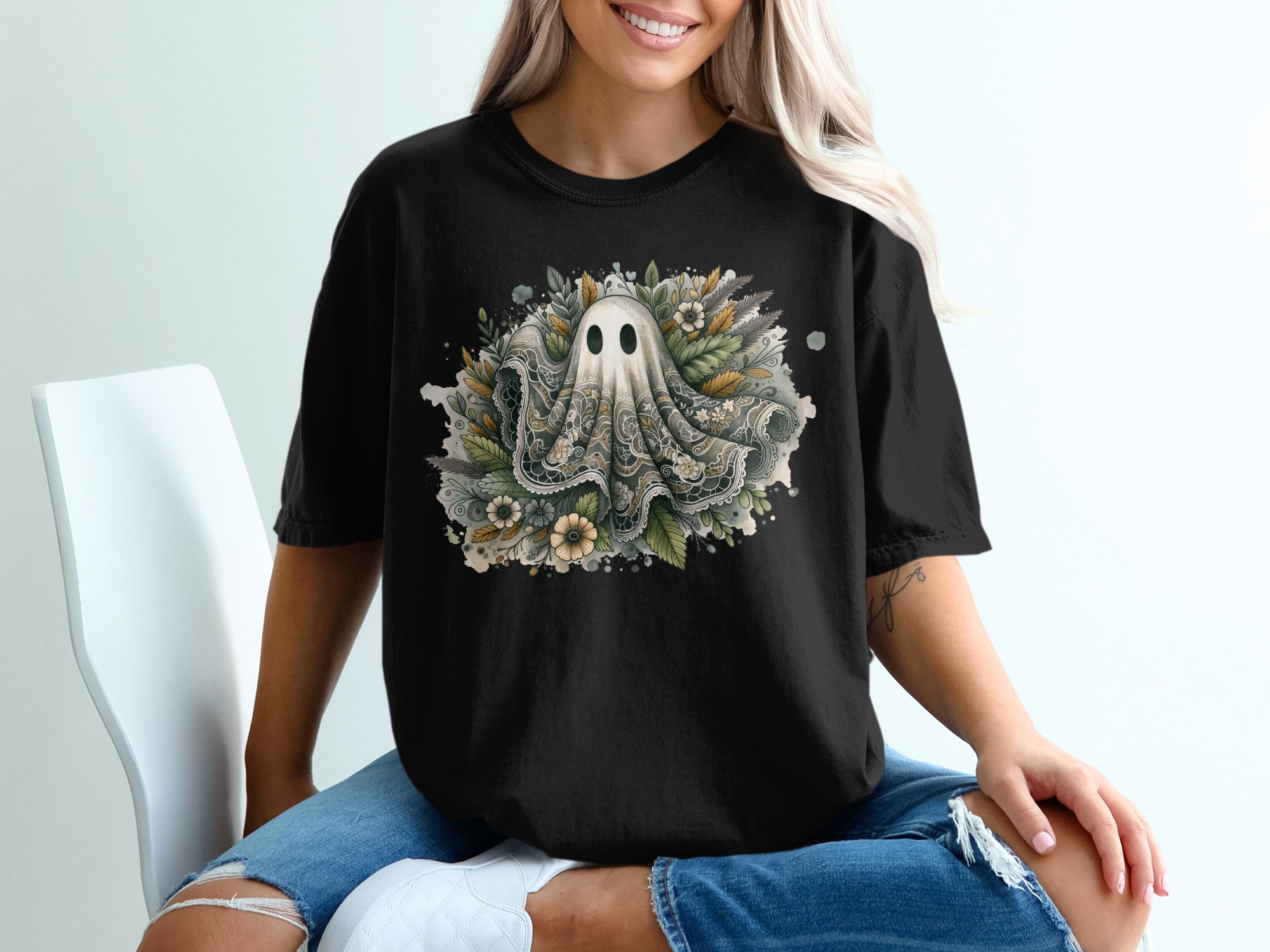 Floral Ghost T-Shirt, Halloween Tee, Spooky Season Apparel, Cute Ghost Shirt, Trendy T-Shirt, Gift Idea, Ghost with Flowers T-Shirt - Image 2