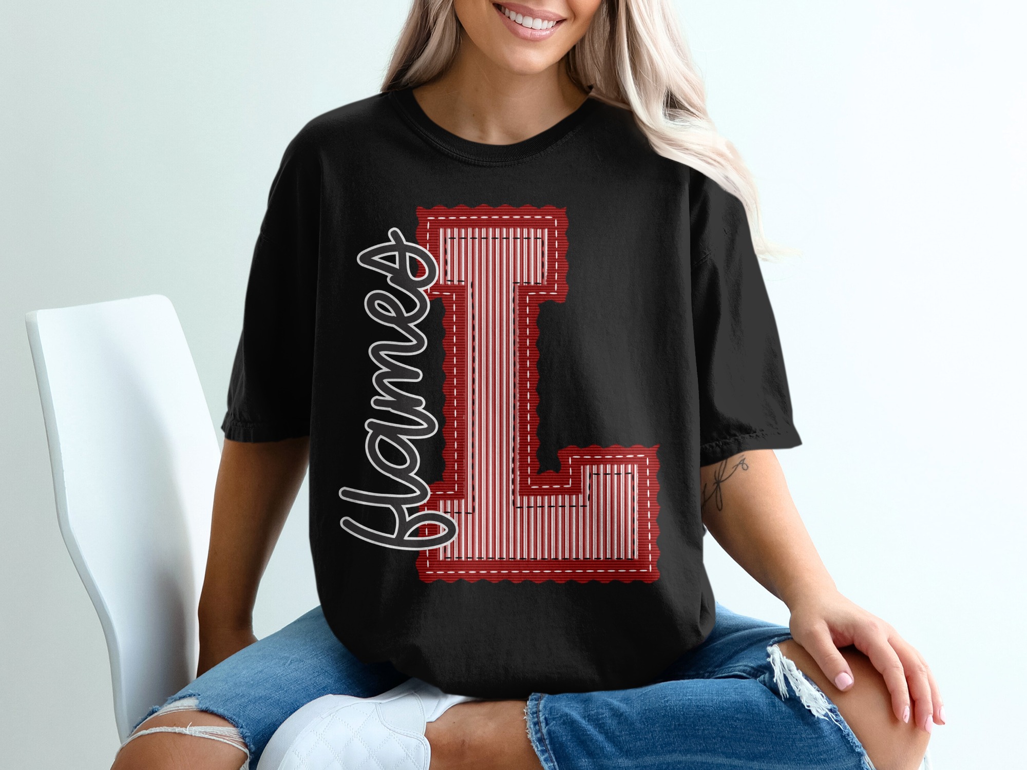 Flames T Shirt, Comfort Colors Tee, Embroidered Look, Red and White Stripes, Initial T-Shirt, Custom Name Shirt, Trendy Graphic Tee, Gift, prepster preppy - Image 3