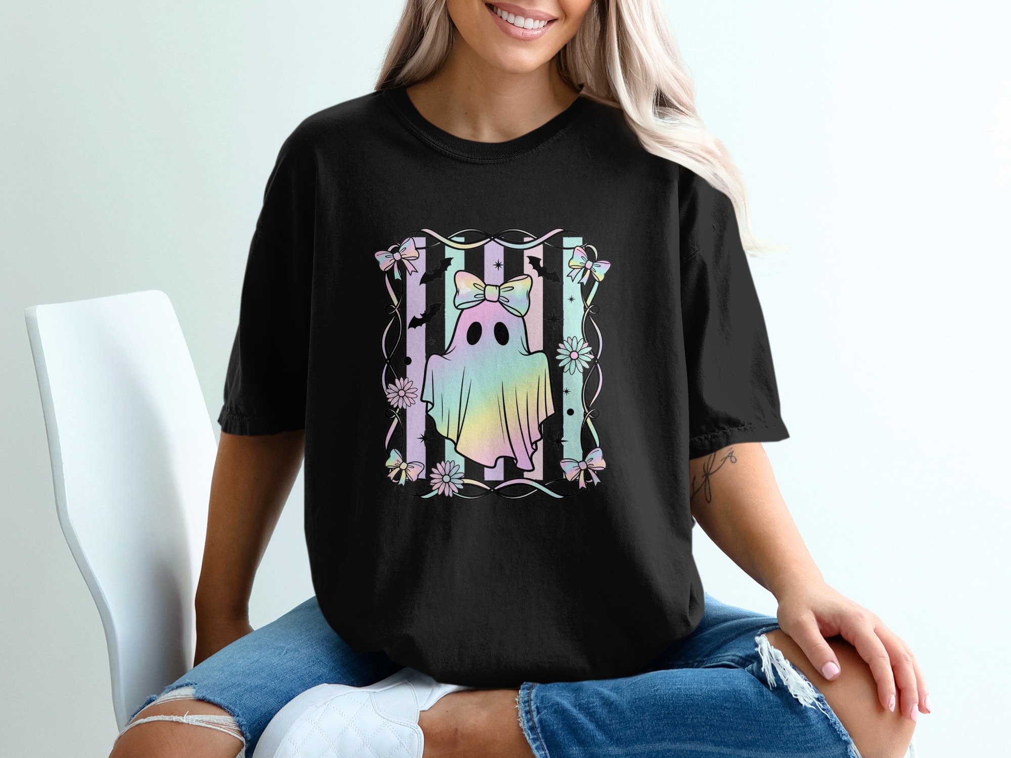 Pastel Ghost T-Shirt, Spooky Season Apparel, Cute Halloween Shirt, Kawaii Ghost Tee, Pastel Goth Clothing, Pastel Halloween T-Shirt - Image 2