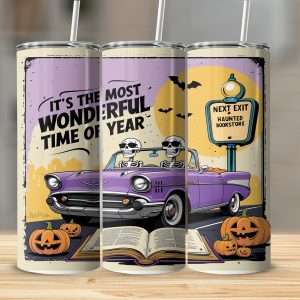 Haunted Bookstore Tumbler Wrap Digital, Skeleton Car Digital Download, Halloween Digital, Sublimation Tumbler Wrap Digital Download