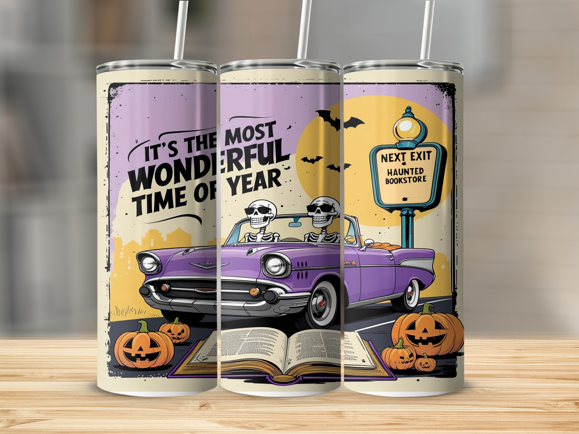 Haunted Bookstore Tumbler Wrap Digital, Skeleton Car Digital Download, Halloween Digital, Sublimation Tumbler Wrap Digital Download