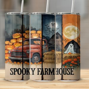 Spooky Farmhouse Tumbler Wrap, Halloween Digital Download, Truck and Pumpkins Sublimation 20oz Tumbler Design, Ghost Full Moon Design
