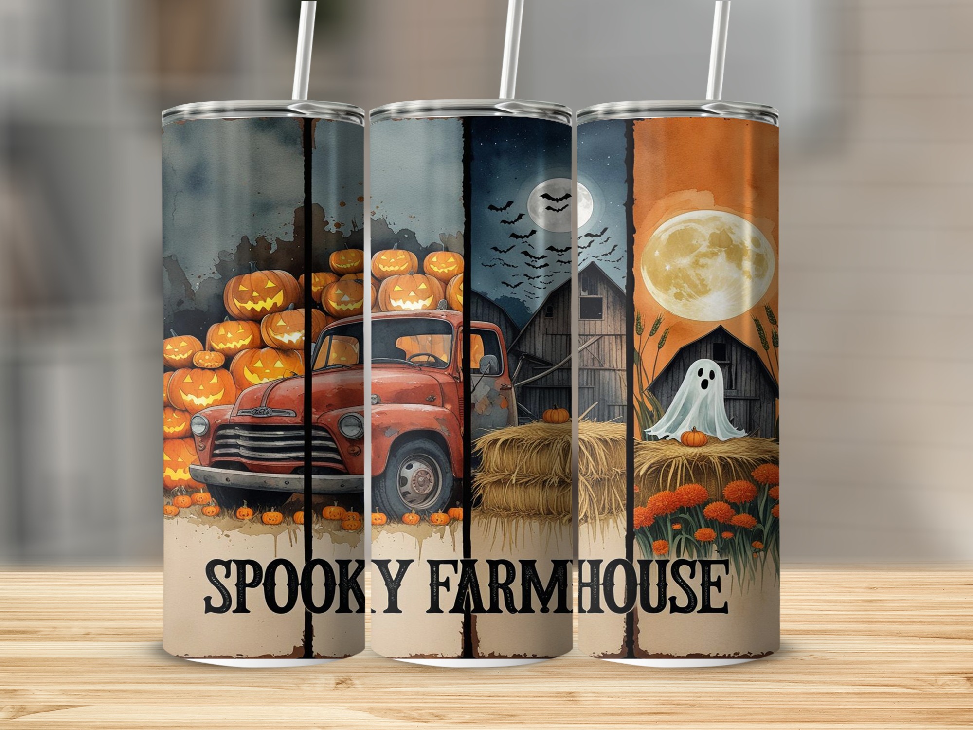 Spooky Farmhouse Tumbler Wrap, Halloween Digital Download, Truck and Pumpkins Sublimation 20oz Tumbler Design, Ghost Full Moon Design