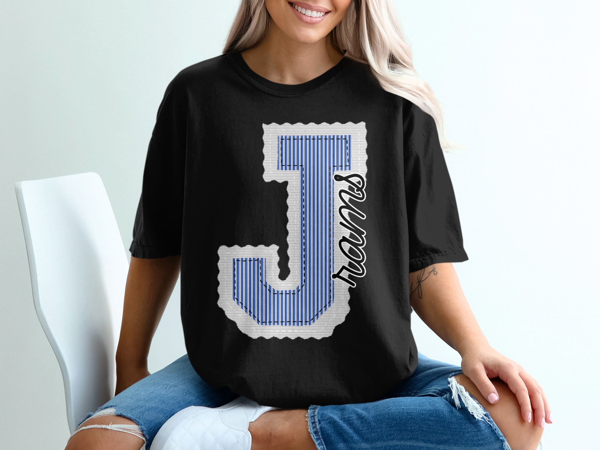 Letter J T Shirt, Striped Initial Tee, Rams Text Shirt, Personalized Alphabet Top, Trendy Graphic TShirt, Gift For Her, Custom Name T-Shirt - Image 2
