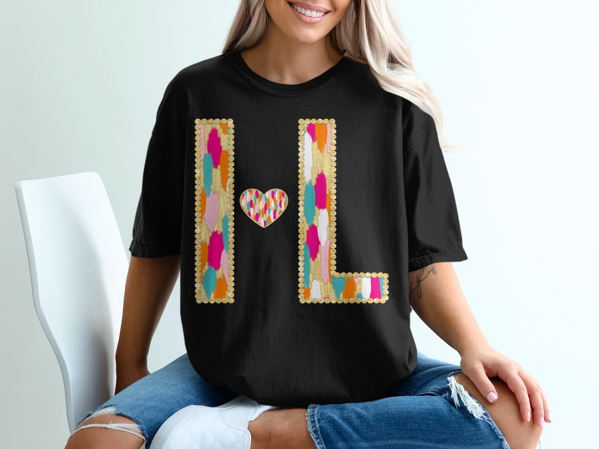 HL Heart T-Shirt, Initial Tee, Colorful Graphic Tee, Comfort Colors 1717 T-Shirt, Monogram T-Shirt, Trendy Shirt, Aesthetic Clothing - Image 3