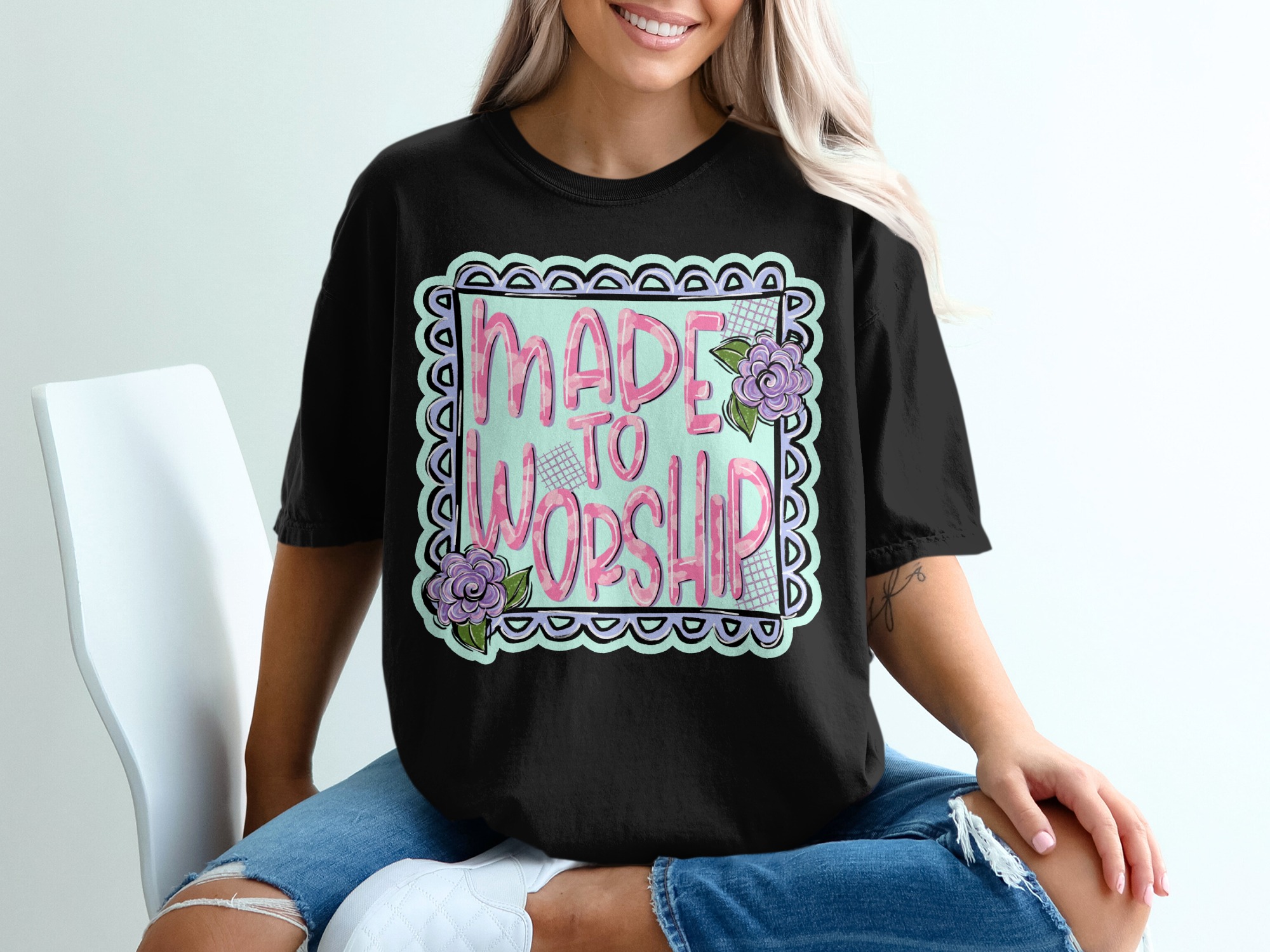 Made To Worship T-Shirt, Christian Tee, Religious T-Shirt, Floral Tee, Pink Lettering, Aesthetic Design, Trendy Shirt, Women's Apparel - Image 2