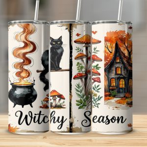 Witchy Season 20oz Tumbler Wrap Digital Download, Halloween Sublimation, Black Cat, Spooky House, Autumn Leaves, Cauldron Design