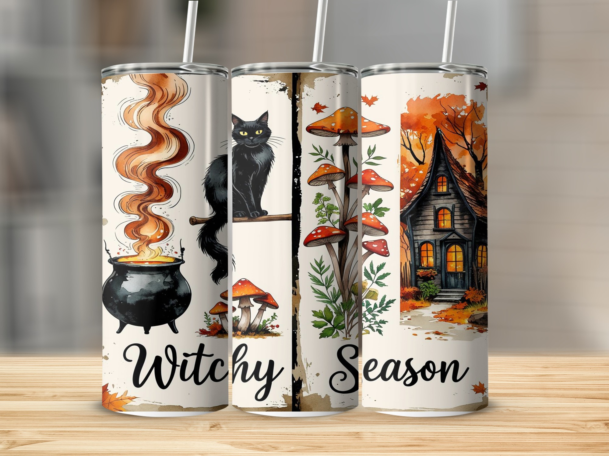 Witchy Season 20oz Tumbler Wrap Digital Download, Halloween Sublimation, Black Cat, Spooky House, Autumn Leaves, Cauldron Design