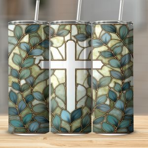 Christian Cross Tumbler Design, Stained Glass Leaves, 20oz Sublimation Digital Download, Tumbler Wrap, Faith Inspired, Floral Tumbler
