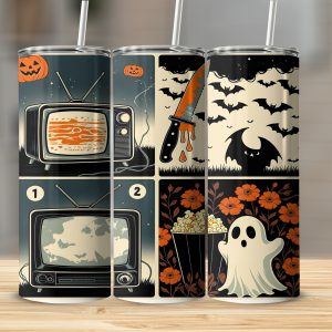 Retro Halloween Digital,Sublimation 20oz Tumbler Wrap Digital Download,Spooky TV Ghost Tumbler,Bats and Knife,Tumbler Design,PNG