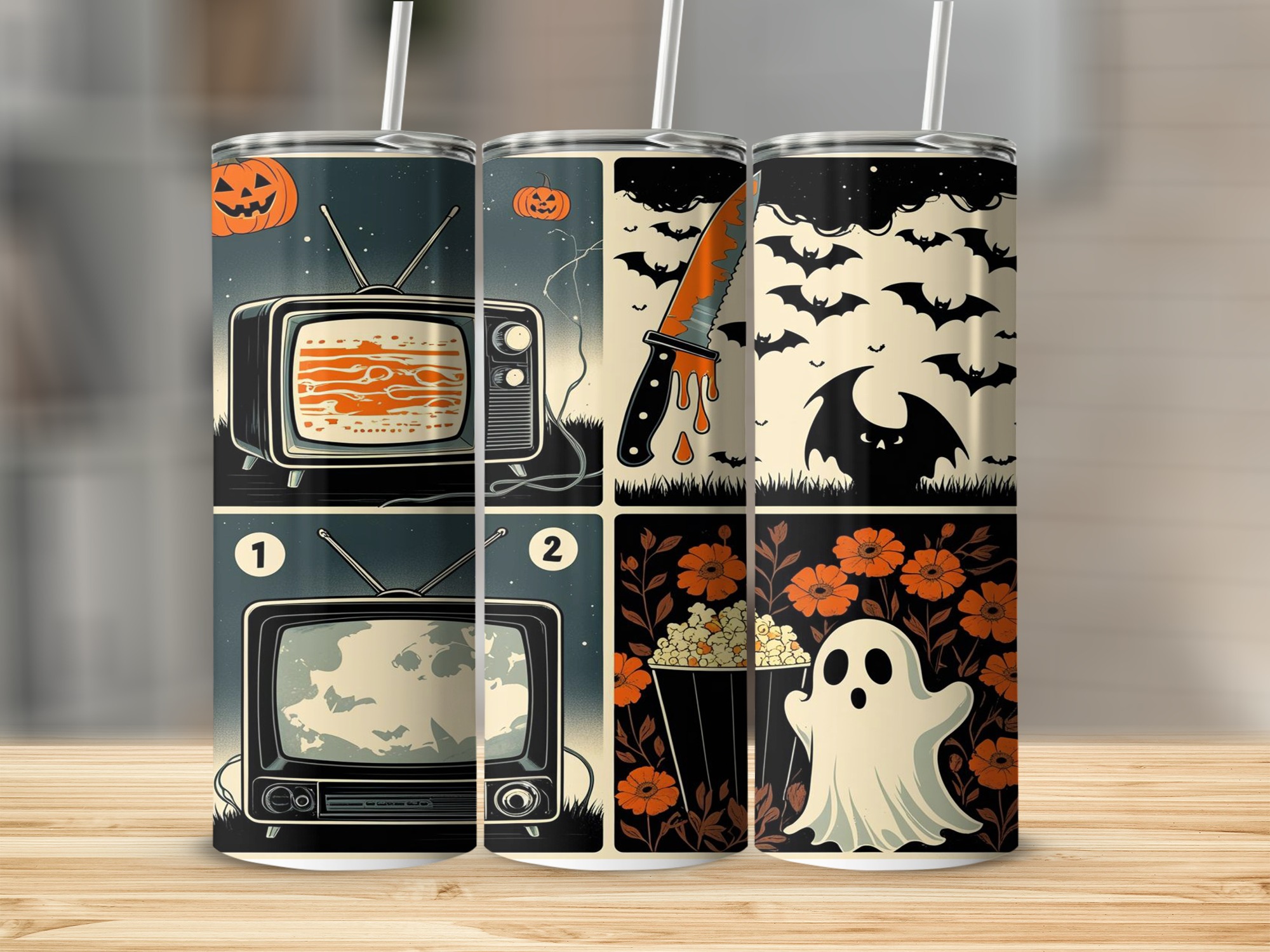 Retro Halloween Digital,Sublimation 20oz Tumbler Wrap Digital Download,Spooky TV Ghost Tumbler,Bats and Knife,Tumbler Design,PNG