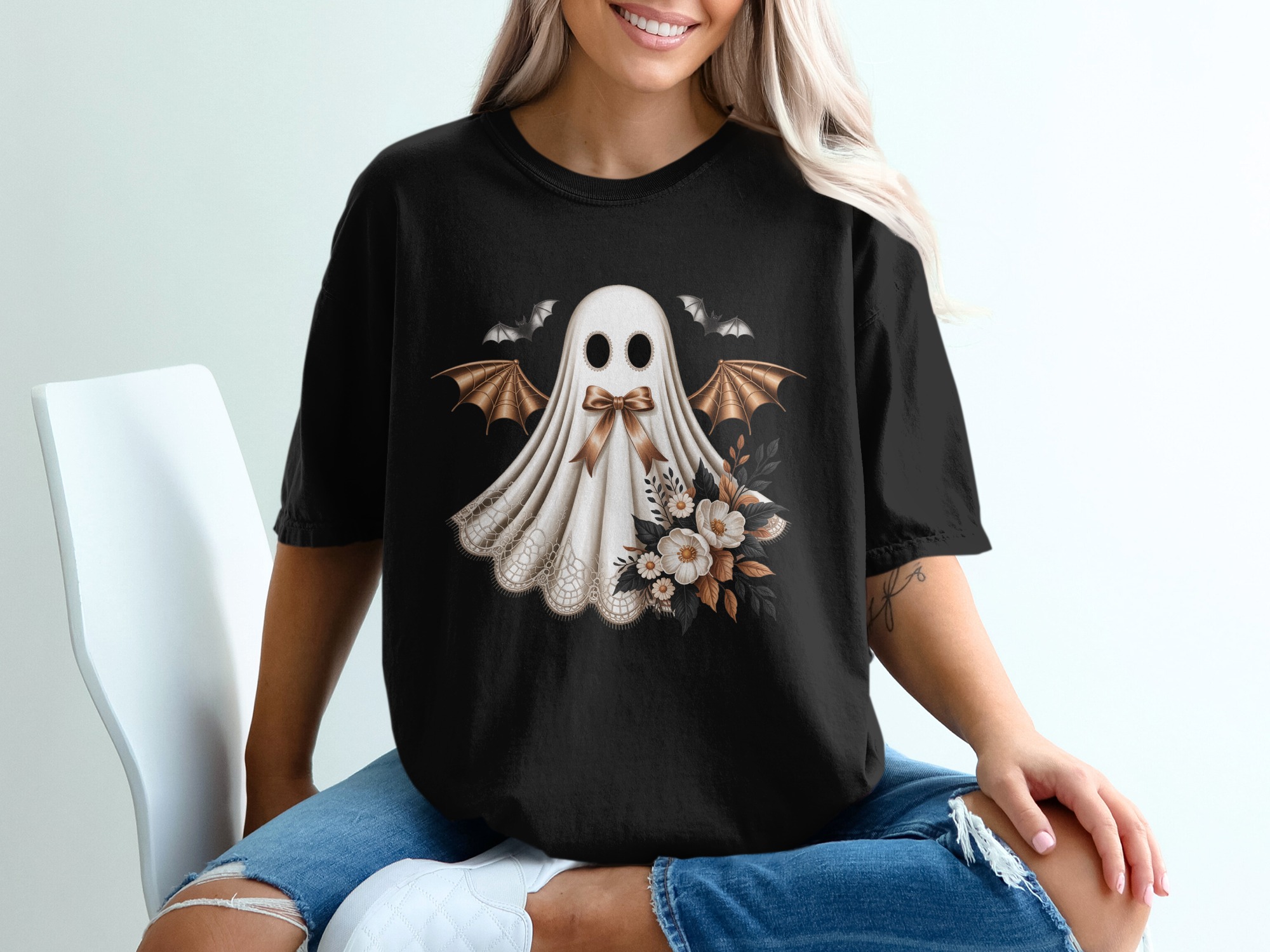 Spooky Season T-Shirt, Floral Ghost Shirt, Halloween T-Shirt, Fall Shirt, Cute Ghost T-Shirt, Ghost with Bats, Party Shirt, Costume Shirt - Image 2