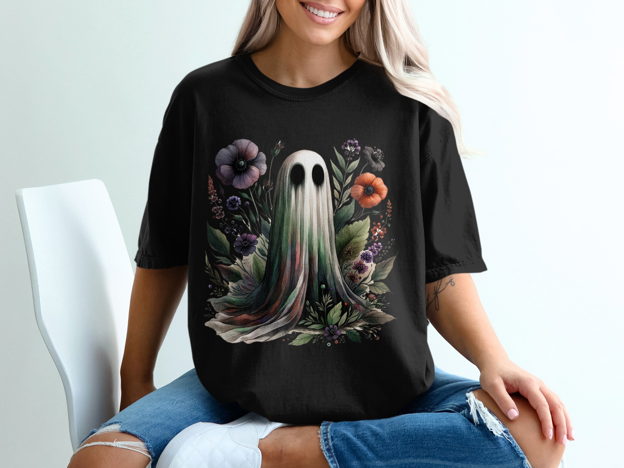 Floral Ghost T Shirt, Spooky Season Tee, Watercolor Flowers Graphic Top, Halloween Ghost Shirt, Trendy Ghost Design, Cute Ghost Graphic - Image 2
