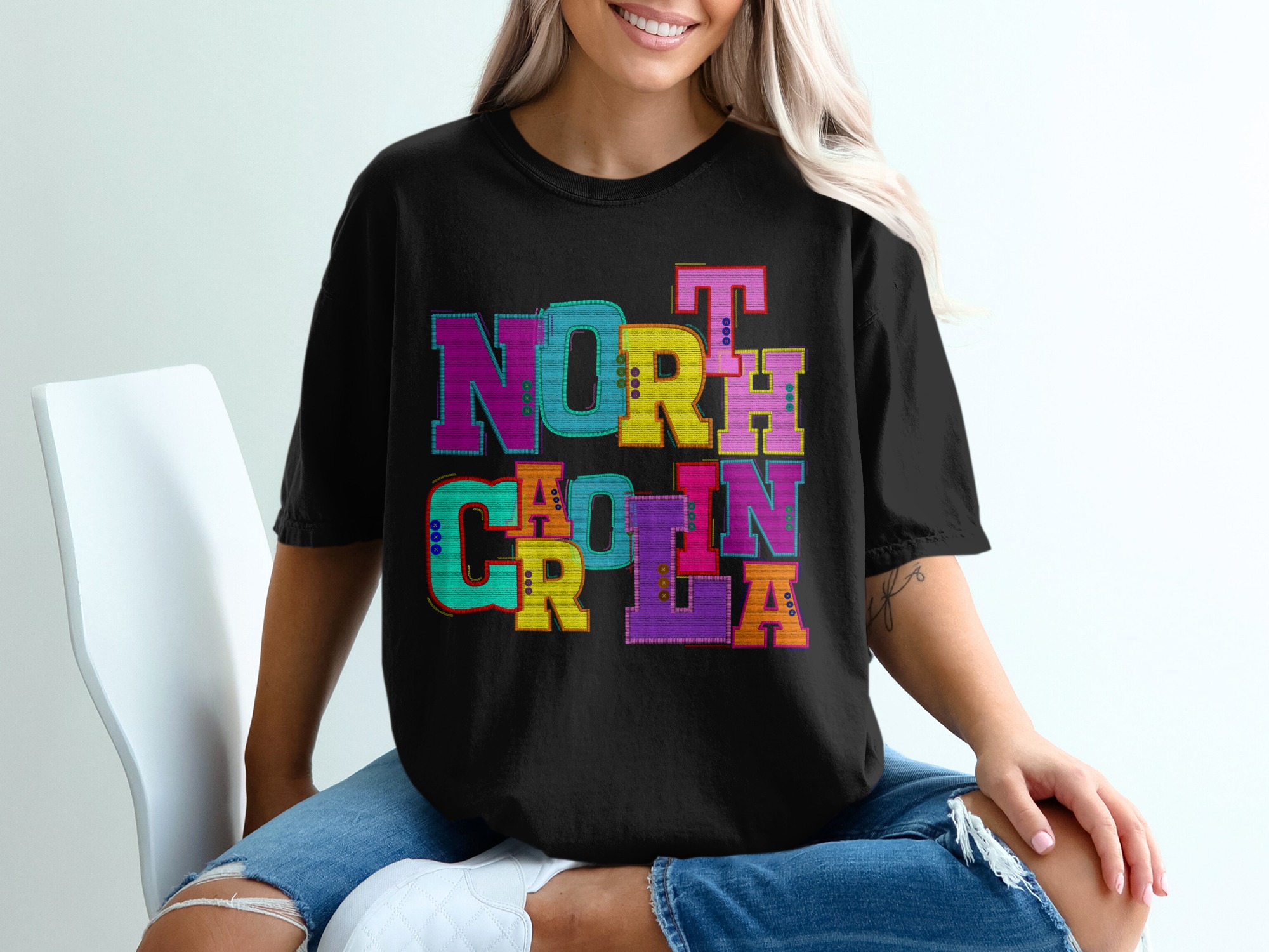 North Carolina T-Shirt, Colorful Embroidered State Name Tee, NC Pride Souvenir Gift, Southern USA Trip, Fun Vacation T Shirt - Image 2
