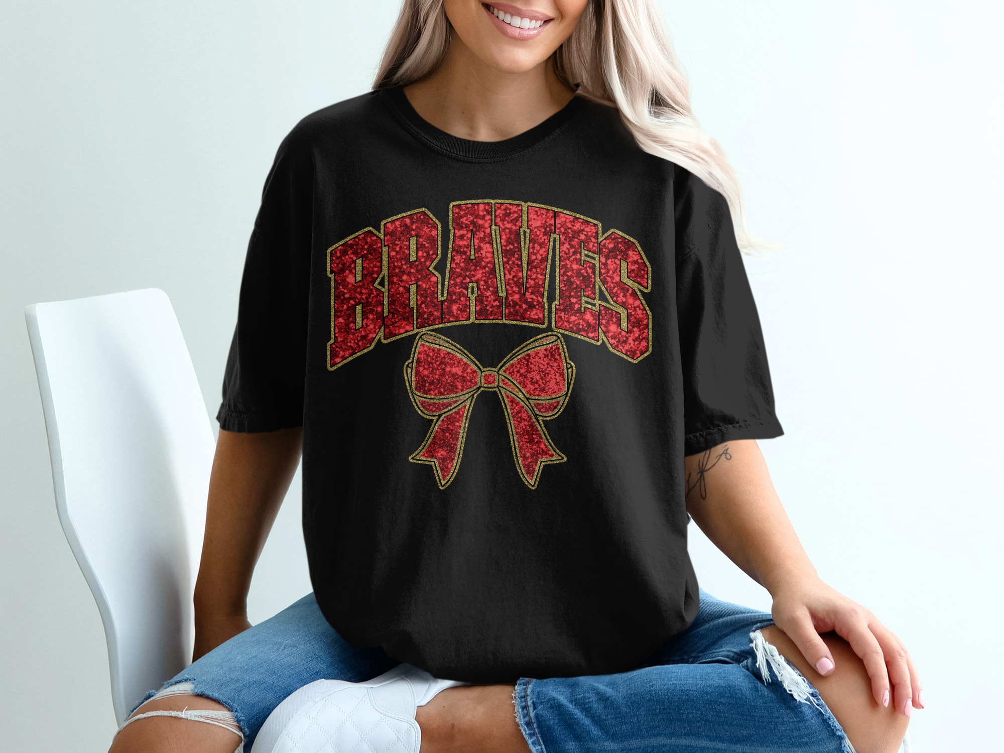Braves Bow T Shirt, Team Spirit Tee, Glitter Design T Shirt, Sports Fan Gift T Shirt, Game Day Apparel T Shirt, Braves Fan T Shirt - Image 2