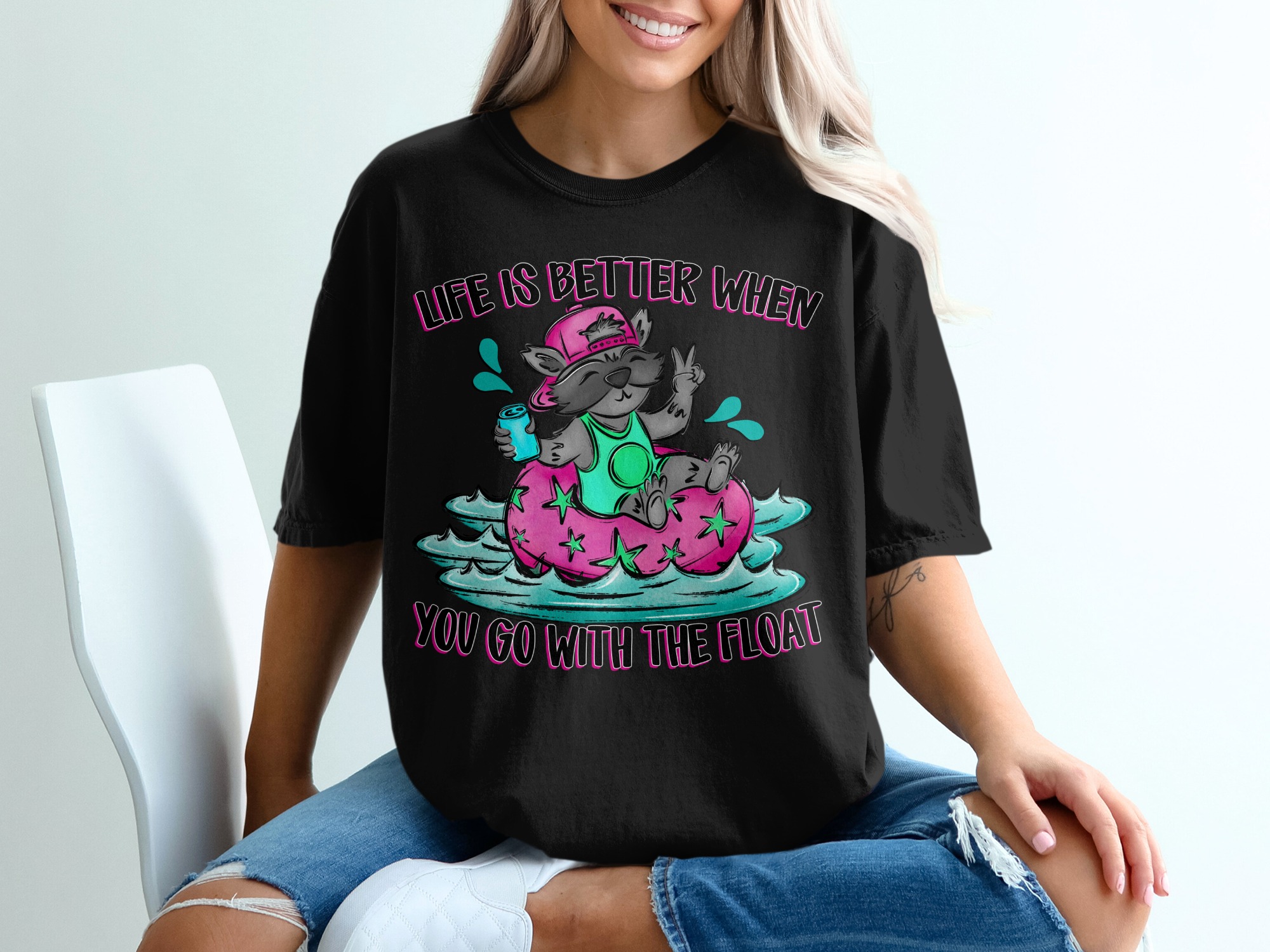 Life is Better T-Shirt, Funny Raccoon Tee, Floating T Shirt, Cute Animal Shirt, Relaxing Vibe T-Shirt, Unique Design T-Shirt - Image 2