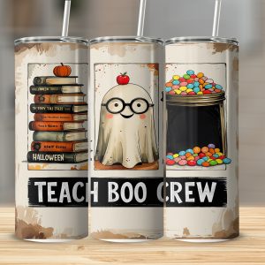 Teach Boo Crew Digital Sublimation 20oz Tumbler Wrap Download, Halloween Teacher Tumbler Design, Fall Teacher Gift, Books Ghost Apple Candy