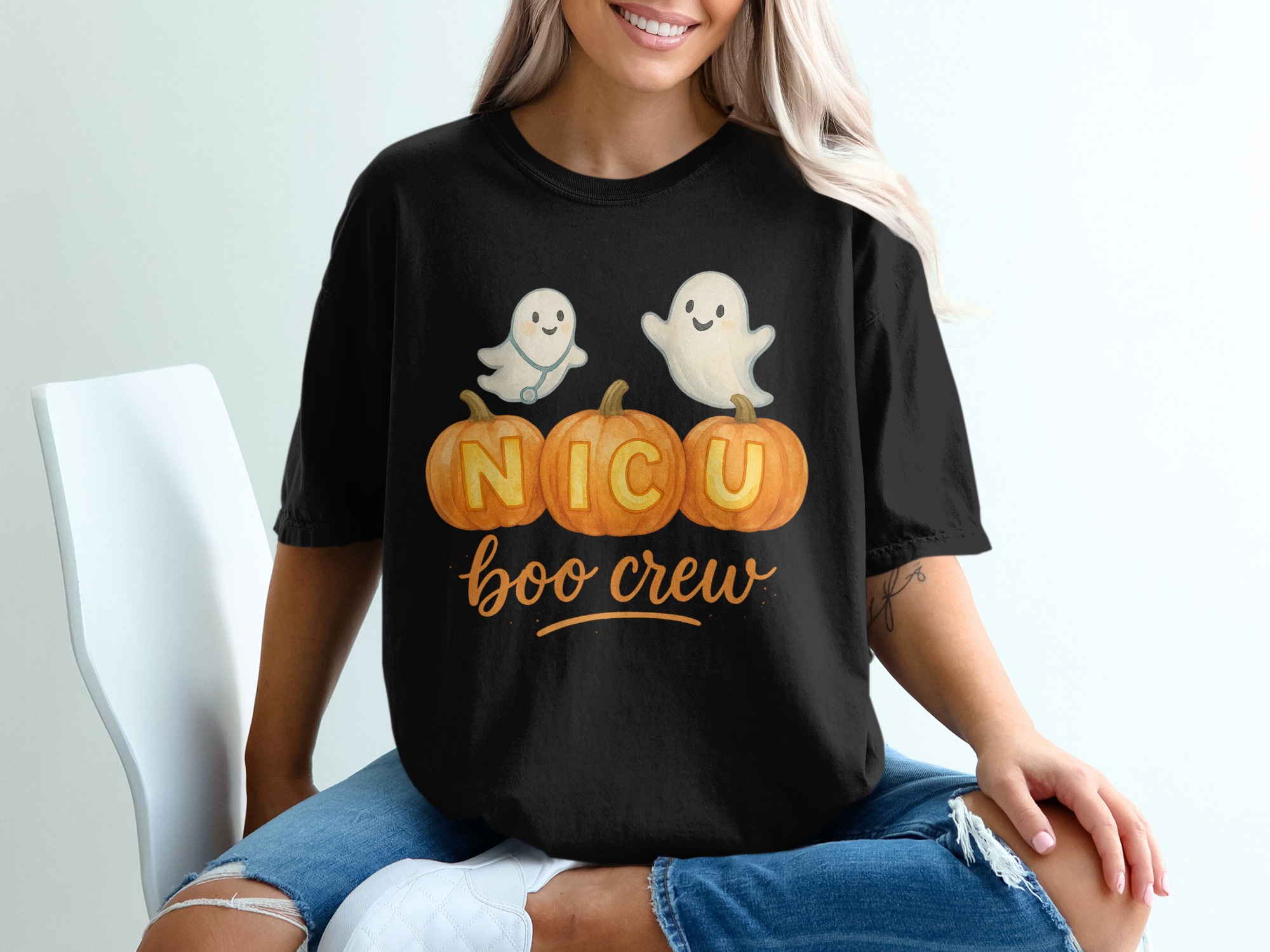 NICU Boo Crew T-Shirt, Halloween Ghost Nurse Tee, Pumpkin Shirt, Spooky Season, NICU Nurse Gift, Funny NICU Squad Shirt - Image 2