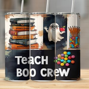 Teach Boo Crew, Digital Sublimation 20oz Tumbler Wrap, Halloween Teacher, Spooky Books Ghost, Digital Download