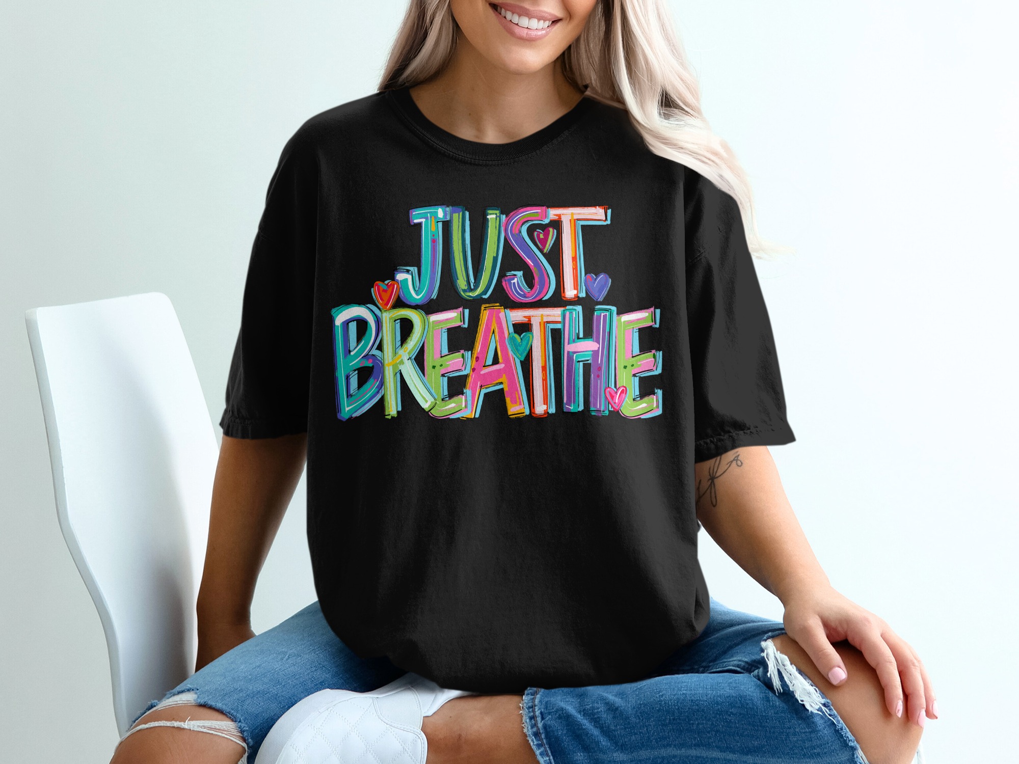 Just Breathe T-Shirt, Inspirational Quote Tee, Positive Vibes Shirt, Mental Health, Colorful Graphic T Shirt, Unisex T-Shirt - Image 2