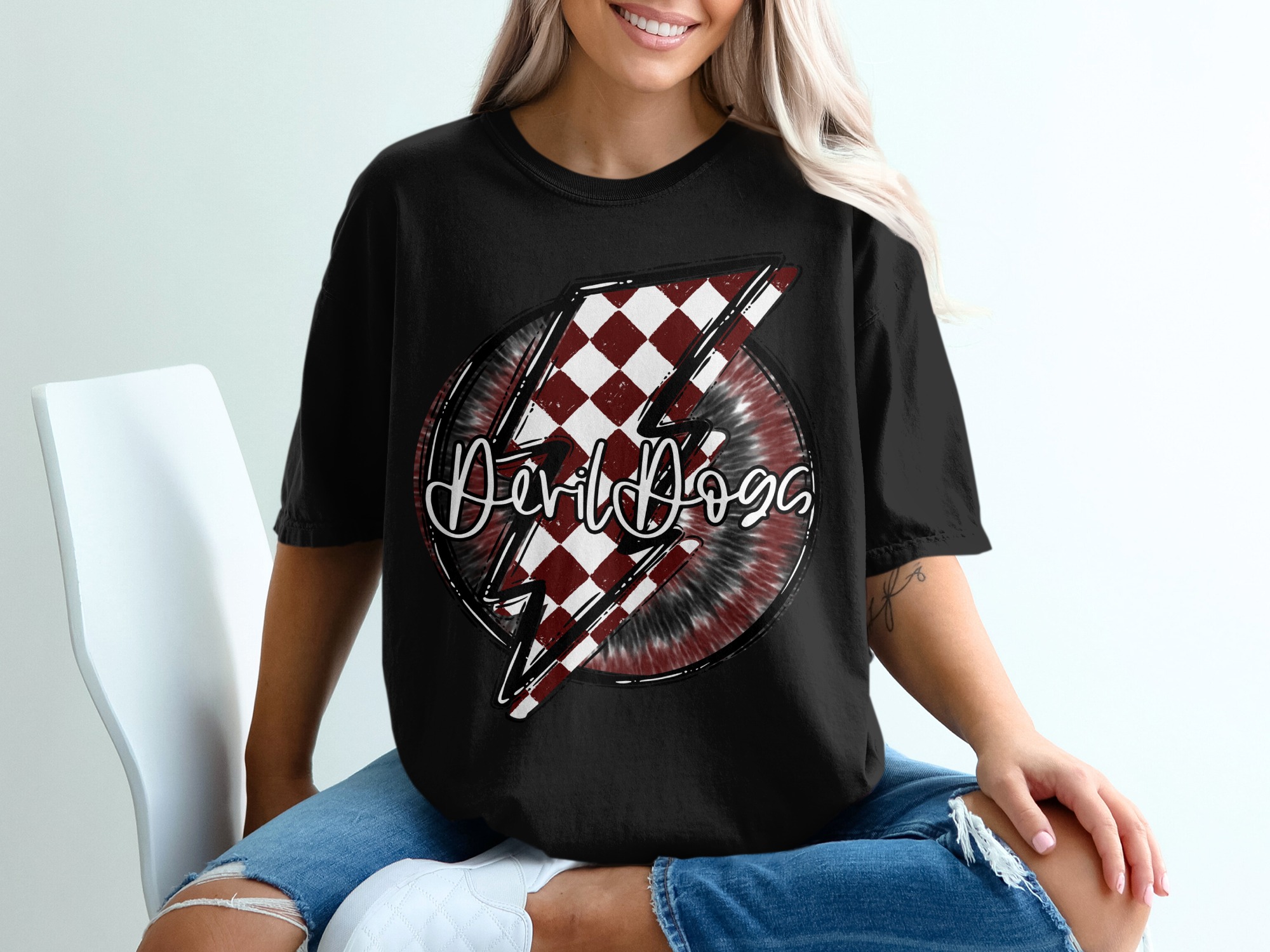 Devil Dogs T-Shirt, Bold Lightning Design, Maroon and White Tee, Unique Graphic Tee, Stylish Women's Tee, Trendy Apparel - Image 2