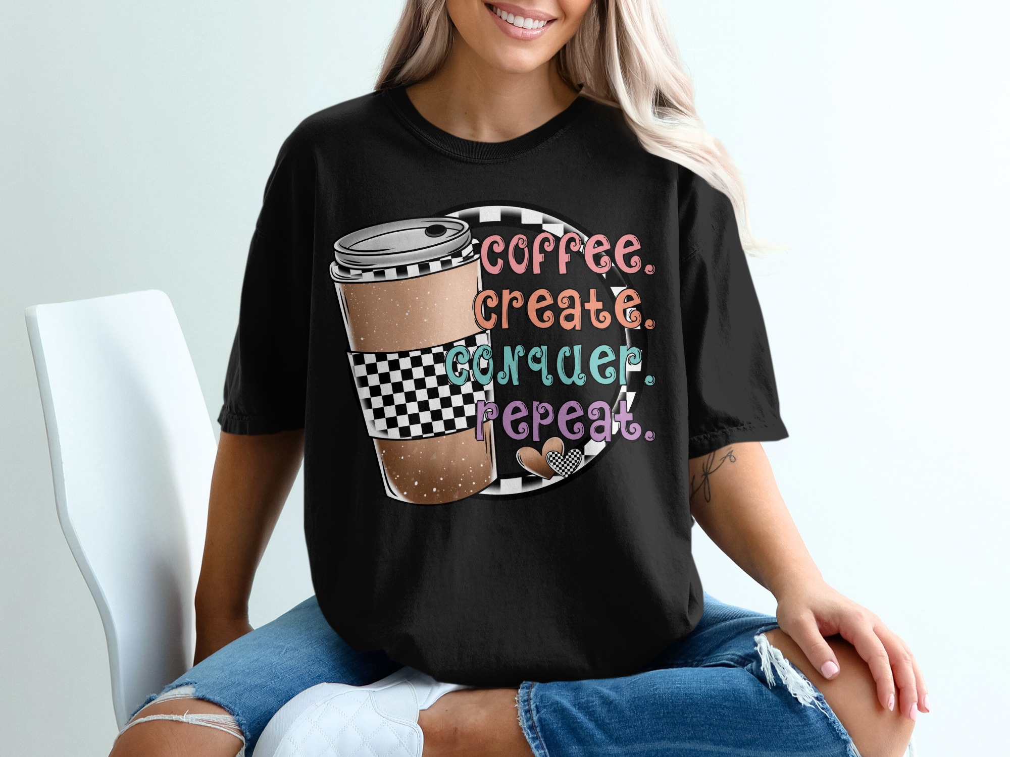 Coffee Create Conquer Repeat T Shirt, Coffee Lover Shirt, Motivational Tee, Graphic T-Shirt, Trendy Shirt, Unique TShirt Design - Image 2