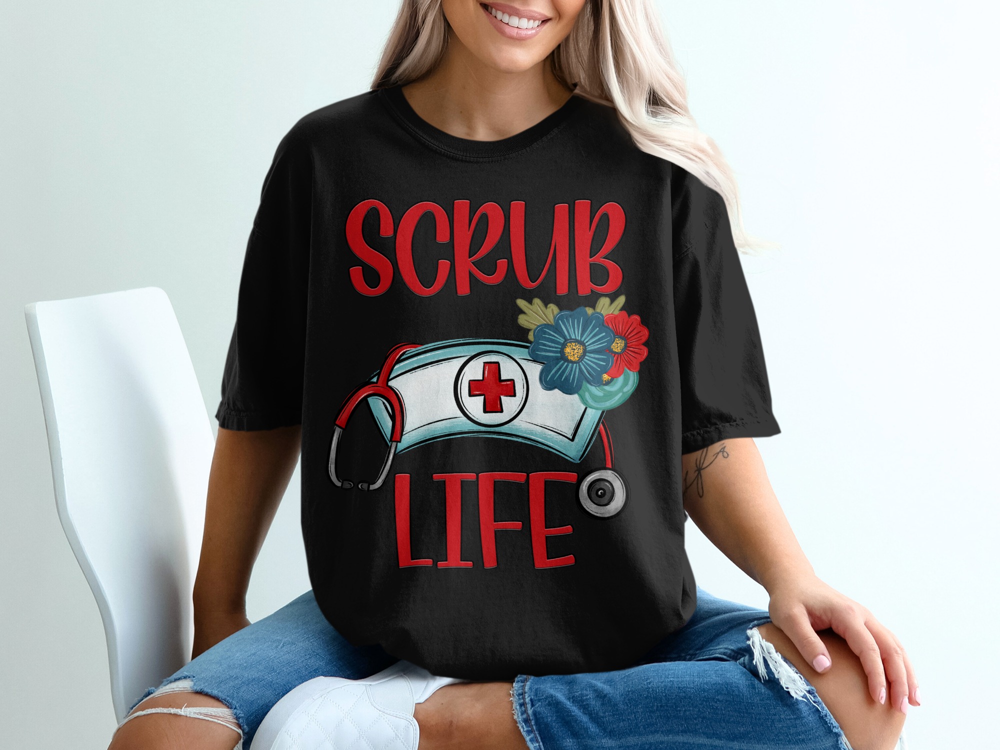 Scrub Life T-Shirt, Nurse T-Shirt, Healthcare T-Shirt, Medical T-Shirt, Floral Nurse Hat Tee, Gift for Nurses, Medical Professional - Image 2