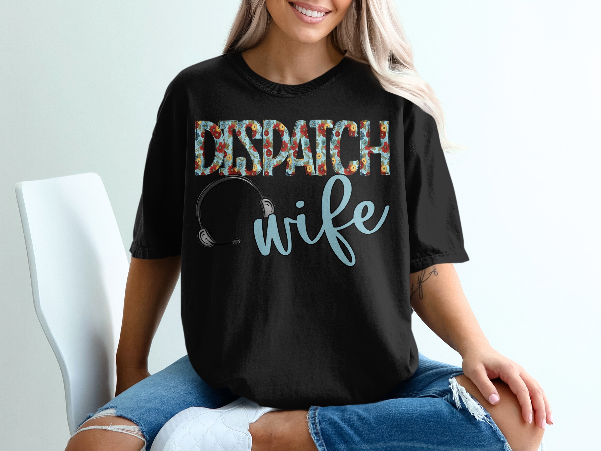 Dispatch Wife T-Shirt, 911 Dispatcher Wife Shirt, Floral Design, Gift for Her, Emergency Dispatcher Wife Tee, Thin Gold Line Apparel - Image 2