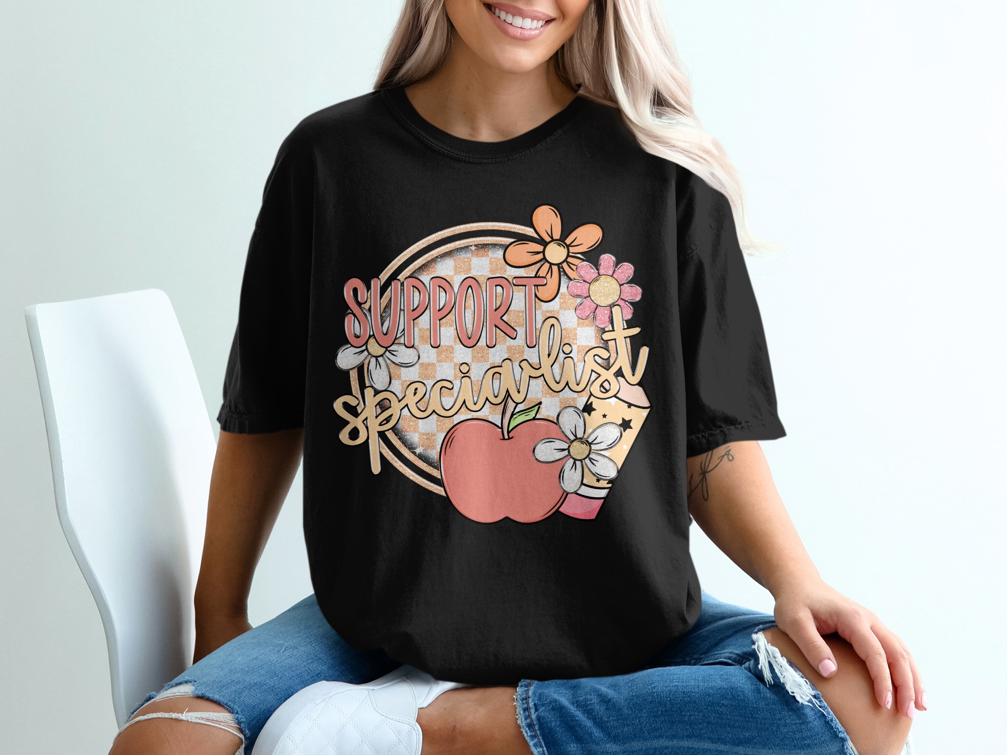 Support Specialist T-Shirt, School Counselor Tee, Teacher Appreciation Gift, Special Education Shirt, Retro Design, Floral Apple Pencil - Image 2