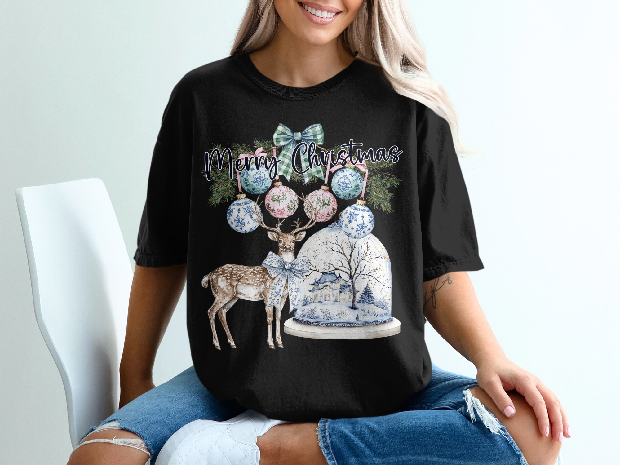 Merry Christmas T-Shirt, Deer and Snow Globe, Holiday Season Shirt, Christmas Ornament Tee, Xmas Gift Idea Shirt, Winter Festive T Shirt - Image 2