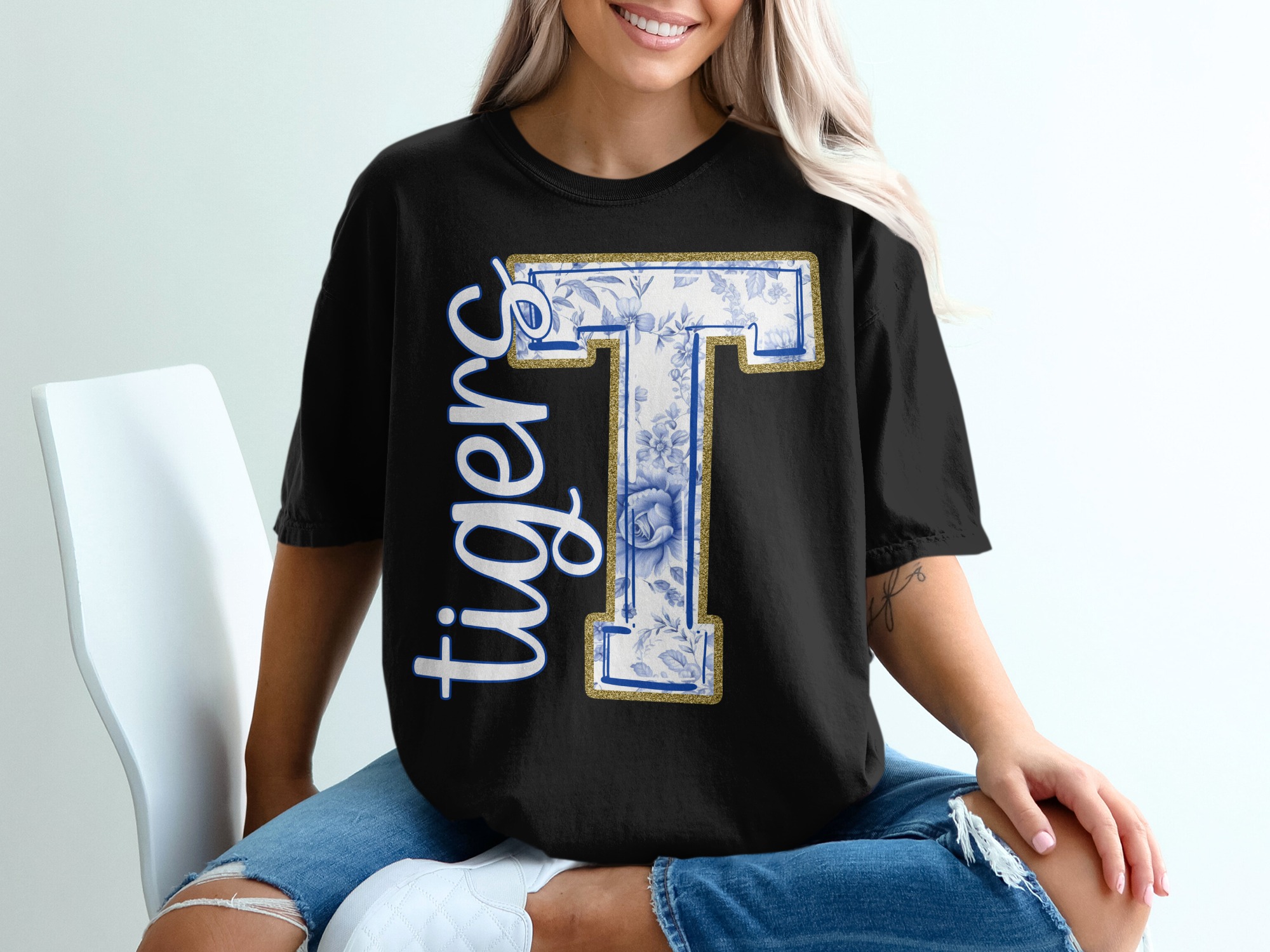 Tigers T Shirt, Letter T Floral, Blue and Gold, University, College, Game Day, School Spirit Apparel, Trendy, Fun, Cute, Unique Gift, For - Image 2