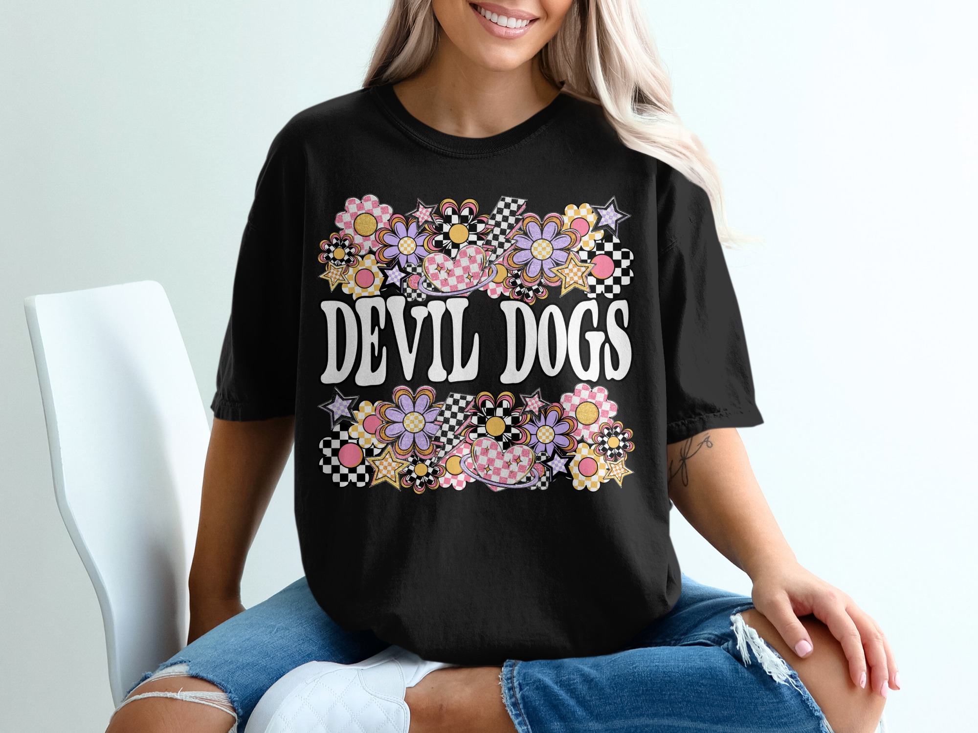 Devil Dogs T Shirt, Cute Dog Shirt, Floral Dog Tee, Checkered Heart Tee, Trending T Shirt, Gift for Dog Lover, Popular T Shirt Design - Image 2