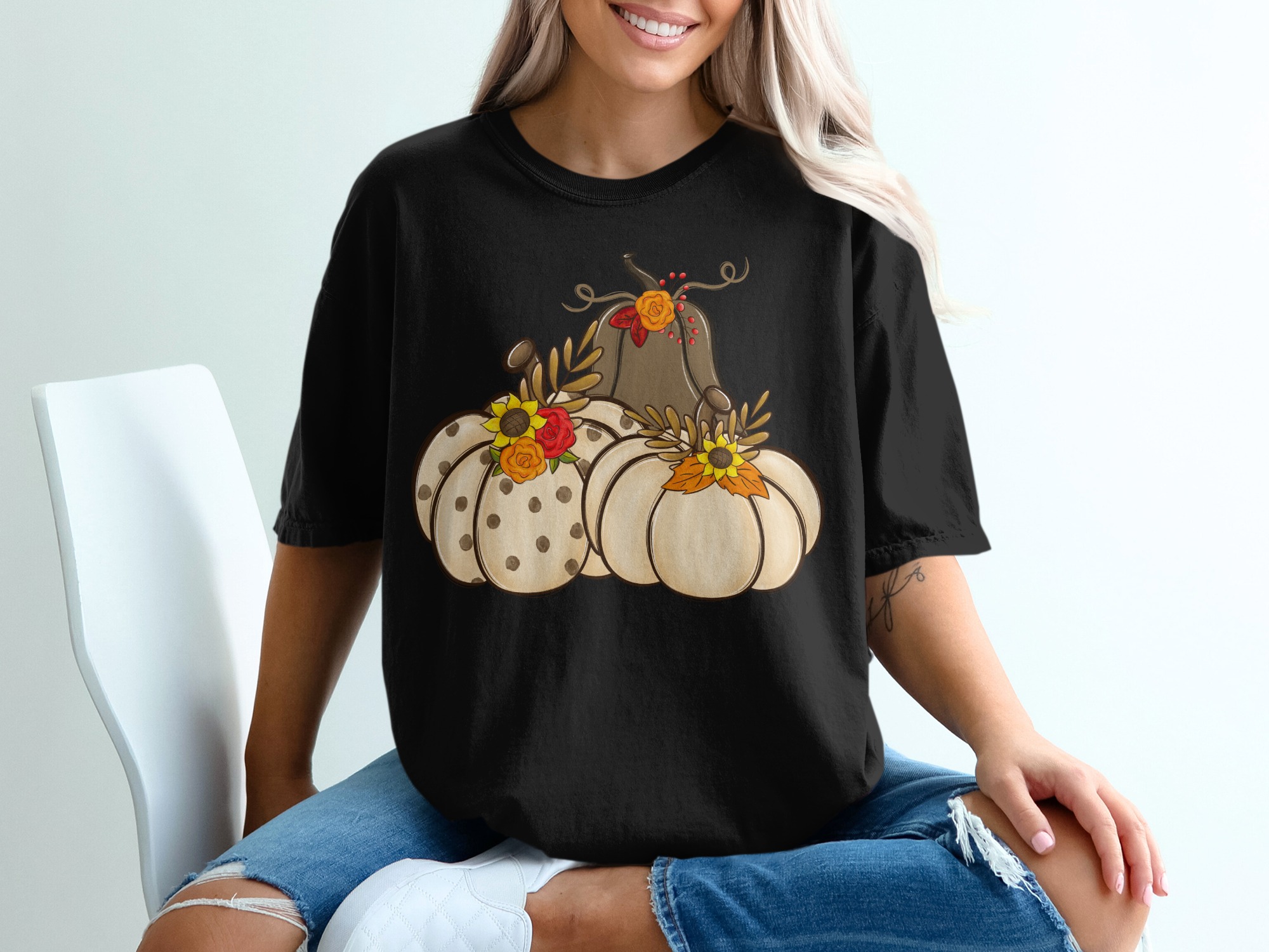 Floral Pumpkin T-Shirt, Autumn T Shirt, Fall T Shirt, Thanksgiving T Shirt, Pumpkin Patch Tee, Pumpkin Season Shirt, Women's Fall T Shirt - Image 2