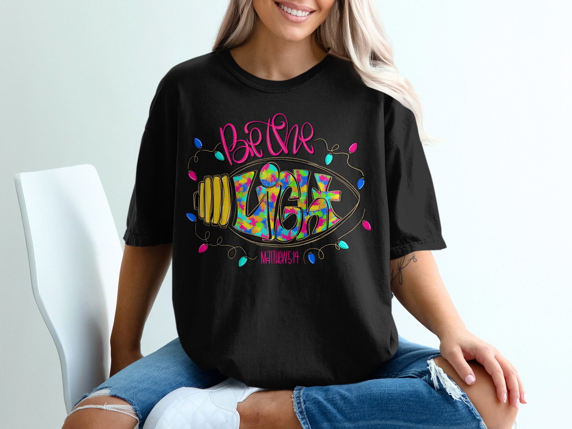 Be The Light T-Shirt, Inspirational Shirt, Mathew 5 14 Scripture T Shirt, Religious Tee, Christian T Shirt, Colorful Lights Shirt - Image 2