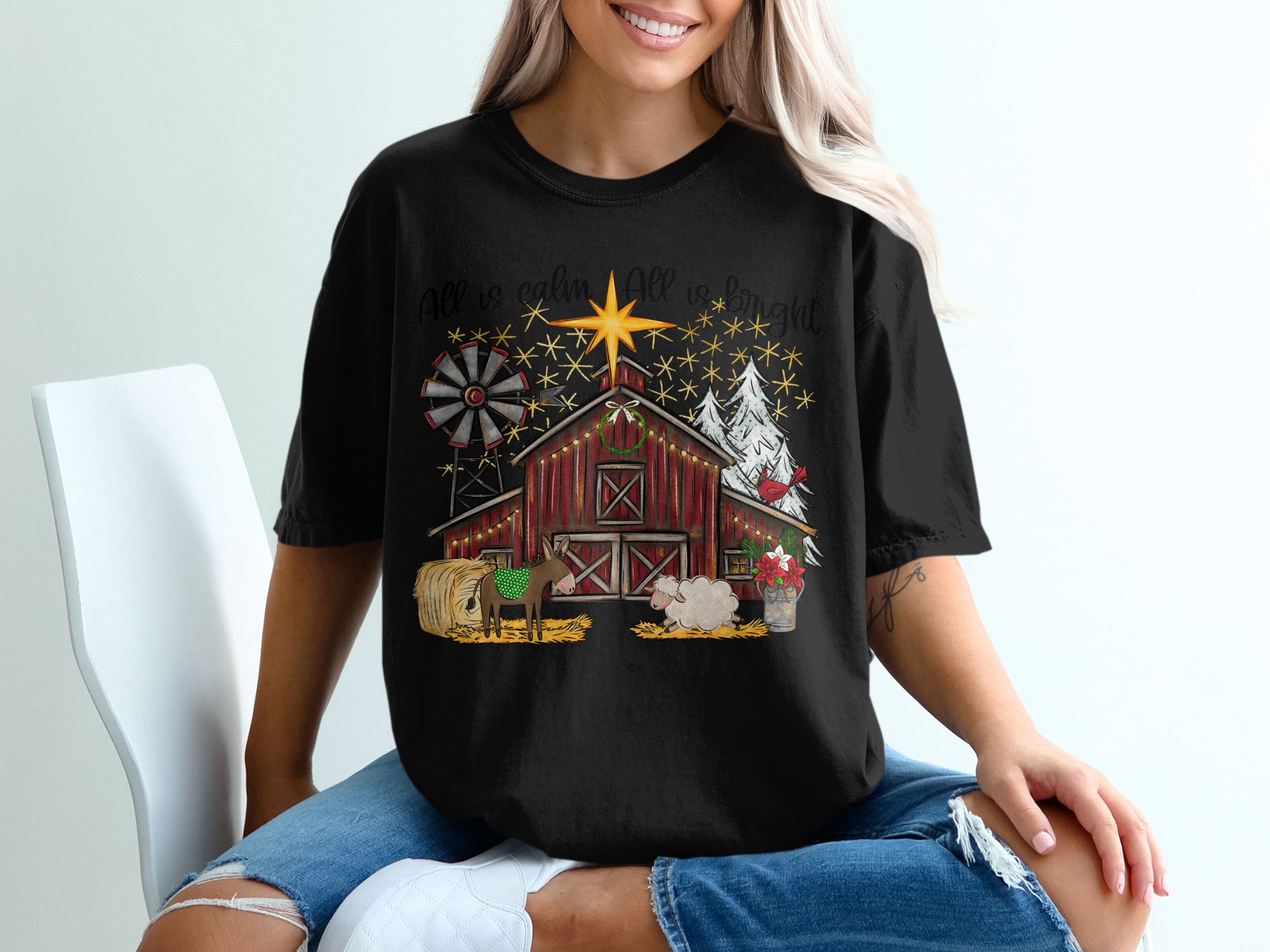 All is Calm T-Shirt, All is Bright T-Shirt, Christmas Barn Shirt, Farmhouse Christmas T-Shirt, Holiday T-Shirt, Winter T-Shirt - Image 2