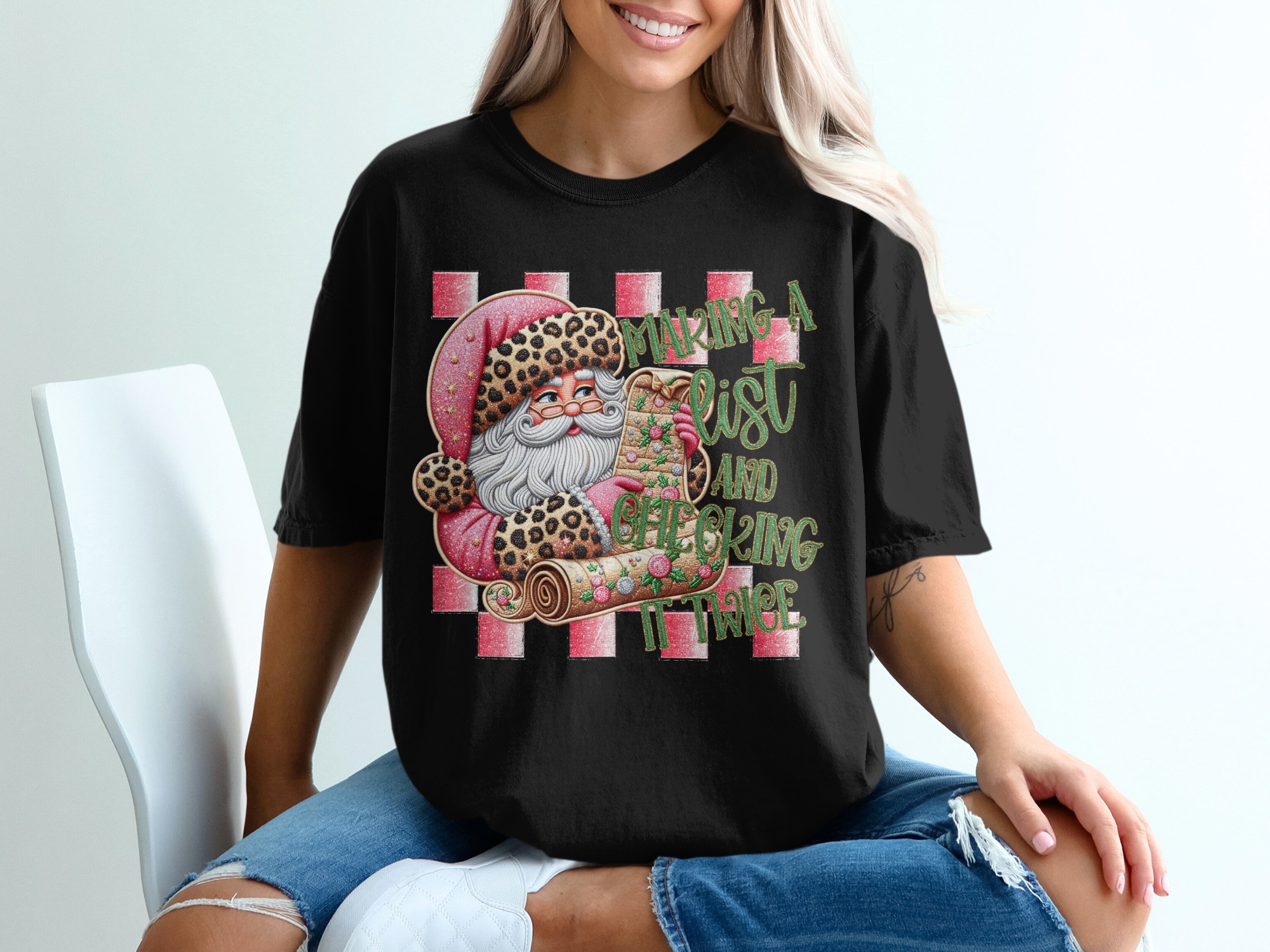 Santa Leopard Print T-Shirt, Making a List TShirt, Checking It Twice Shirt, Christmas Tee, Holiday Graphic Tee, Funny Xmas Shirt - Image 2
