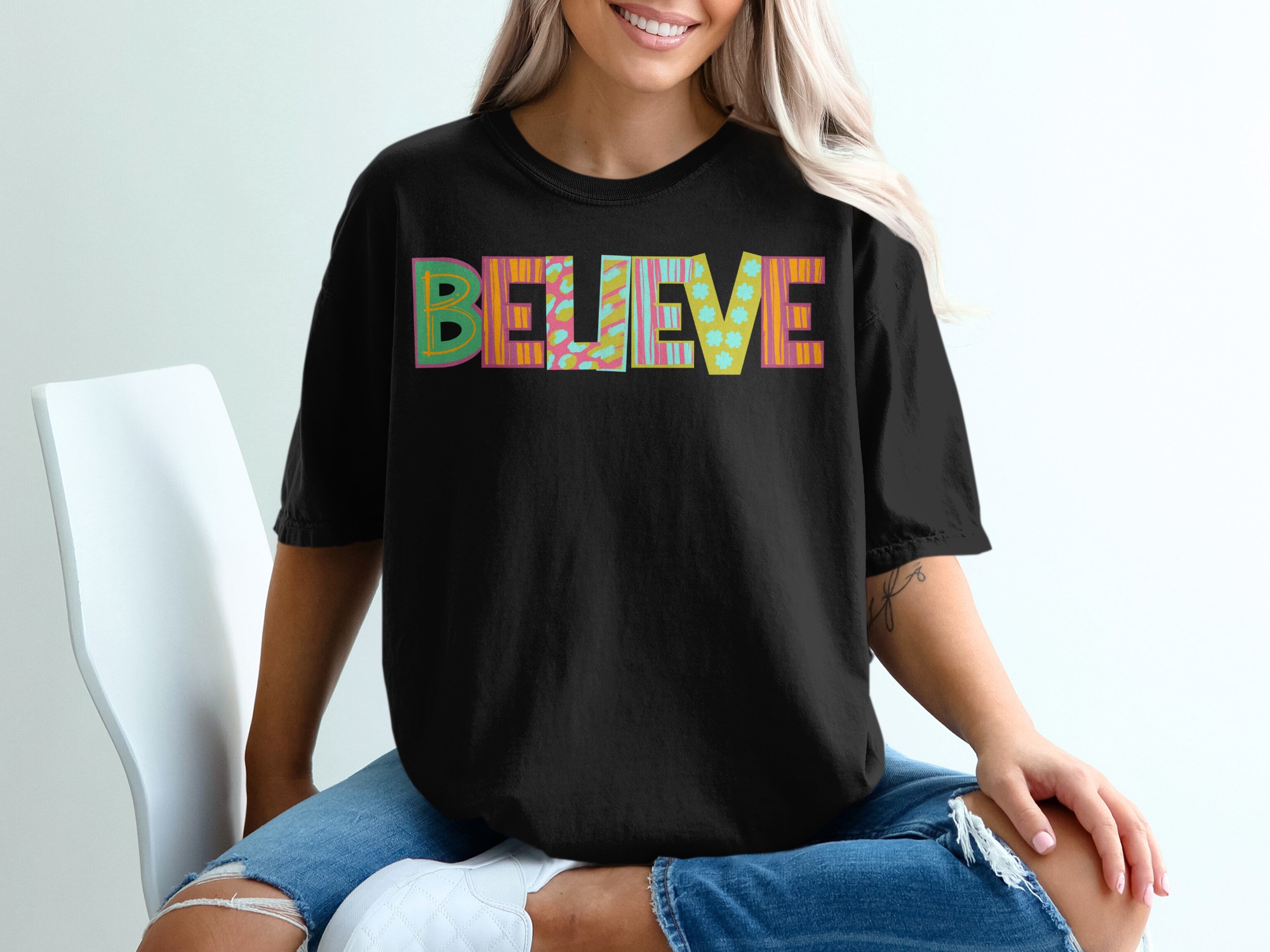 Believe T-Shirt, Positive Affirmation Shirt, Inspirational Quote Top, Motivational Graphic Tee, Trendy Patterned Word Design, Unisex - Image 2