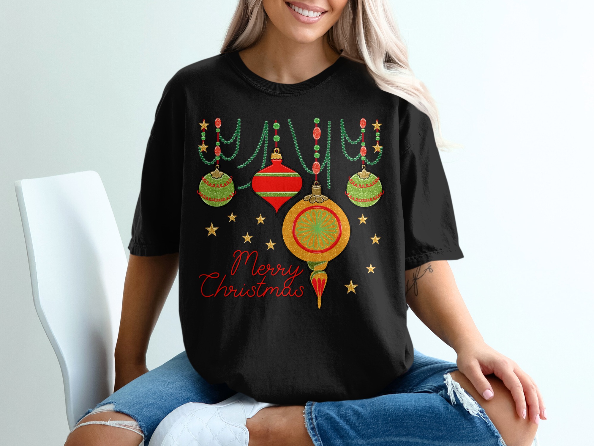 Merry Christmas Ornaments T-Shirt, Holiday Tee, Christmas Shirt, Xmas Lights Tee, Festive Season Top, Christmas T Shirt, Holiday Gift Idea - Image 2
